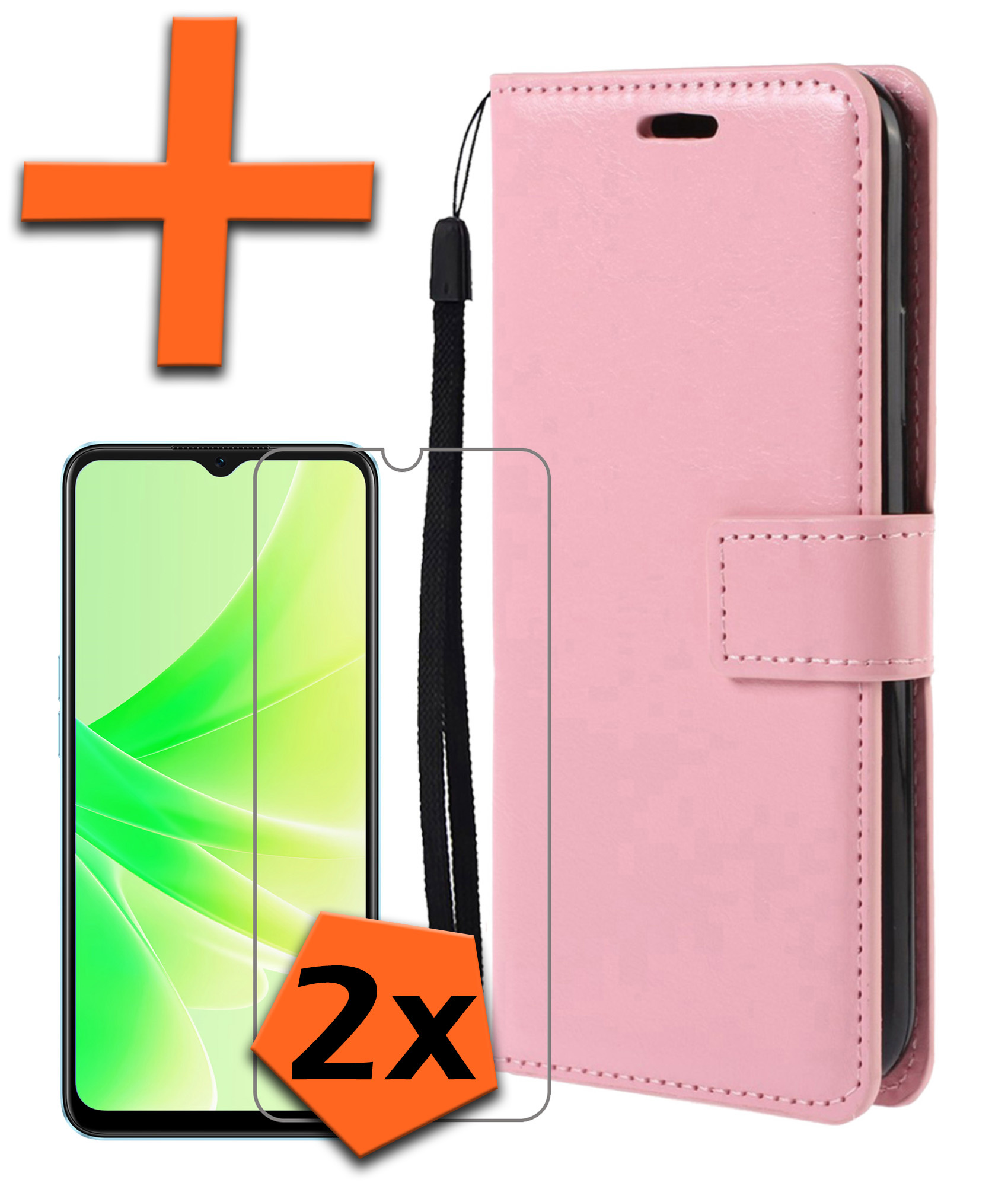 Nomfy Hoesje Geschikt voor OPPO A57s Hoes Bookcase Flipcase Book Cover Met 2x Screenprotector - Hoes Geschikt voor OPPO A57s Hoesje Book Case - Lichtroze