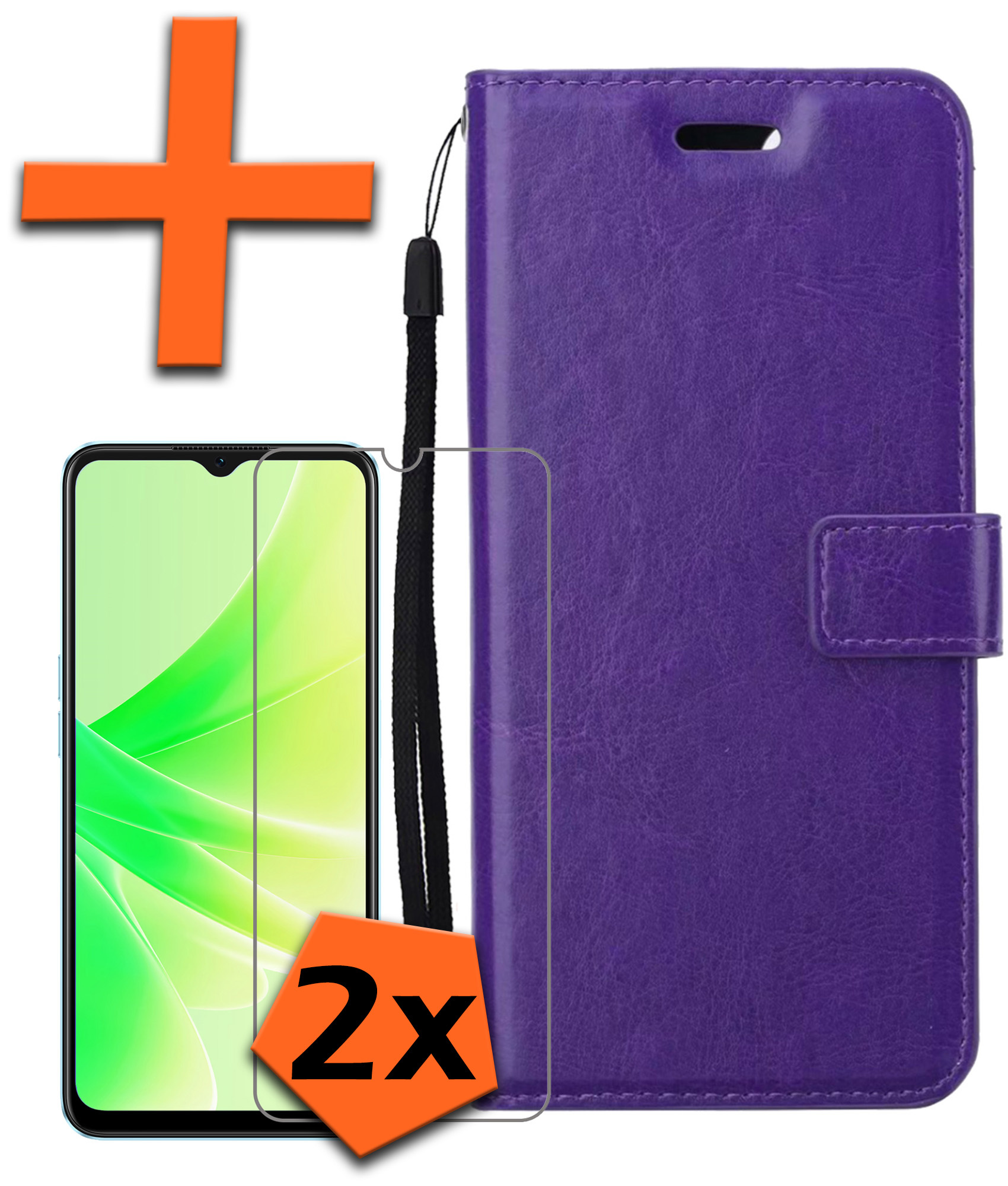 Nomfy OPPO A57s Hoes Bookcase Flipcase Book Cover Met 2x Screenprotector - OPPO A57s Hoesje Book Case - Paars