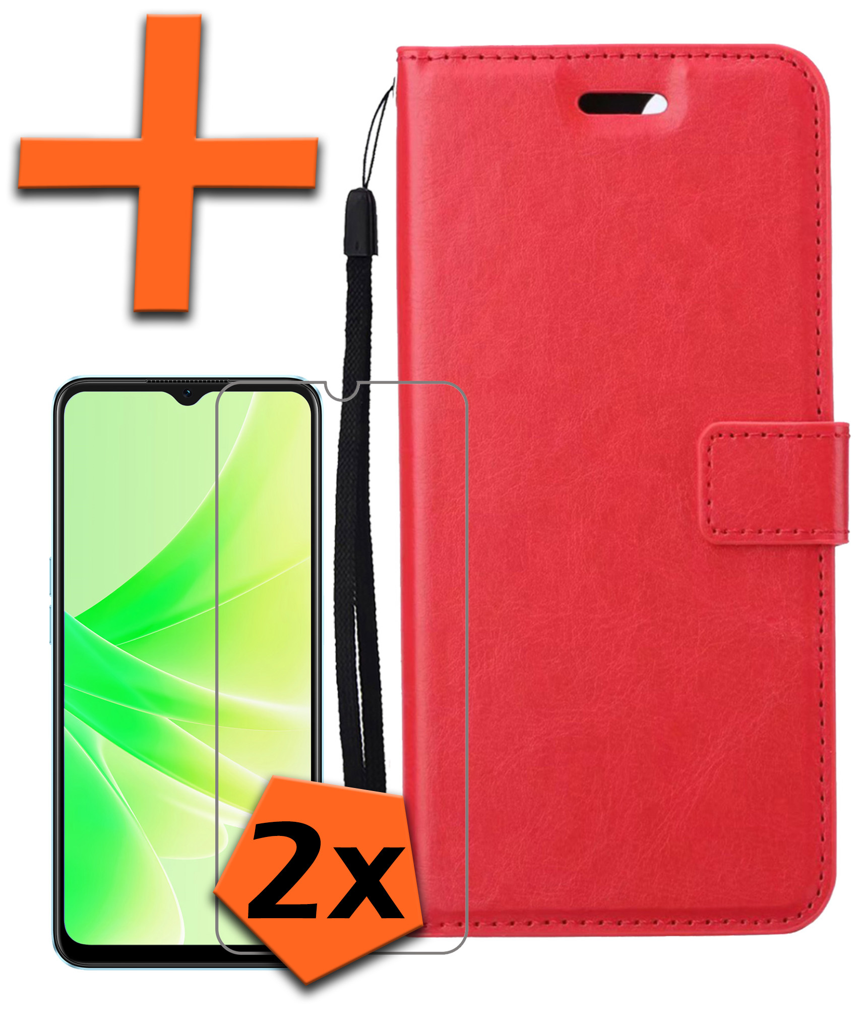 Nomfy Hoesje Geschikt voor OPPO A57s Hoes Bookcase Flipcase Book Cover Met 2x Screenprotector - Hoes Geschikt voor OPPO A57s Hoesje Book Case - Rood