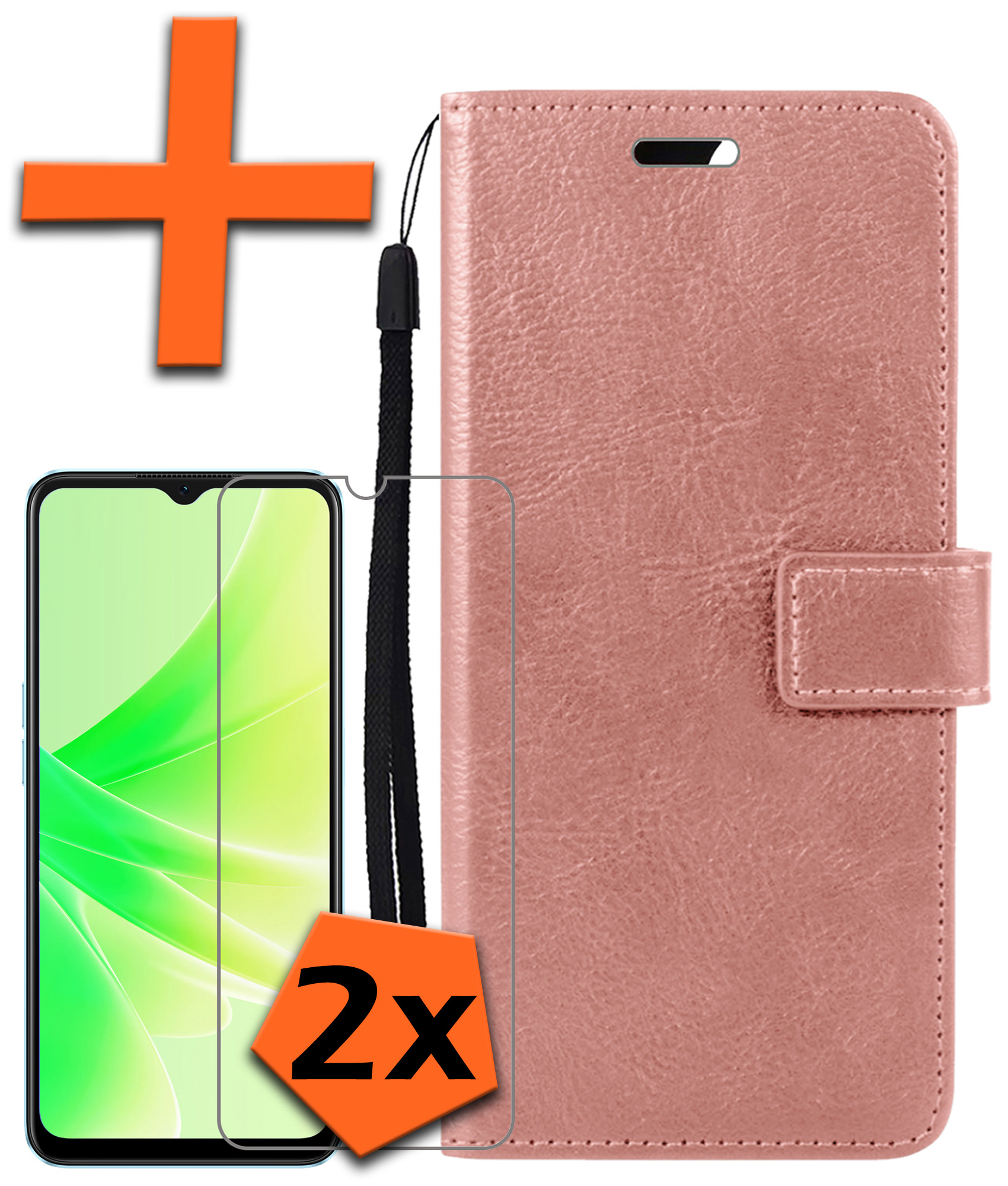 Nomfy Hoesje Geschikt voor OPPO A57s Hoes Bookcase Flipcase Book Cover Met 2x Screenprotector - Hoes Geschikt voor OPPO A57s Hoesje Book Case - Rosé goud