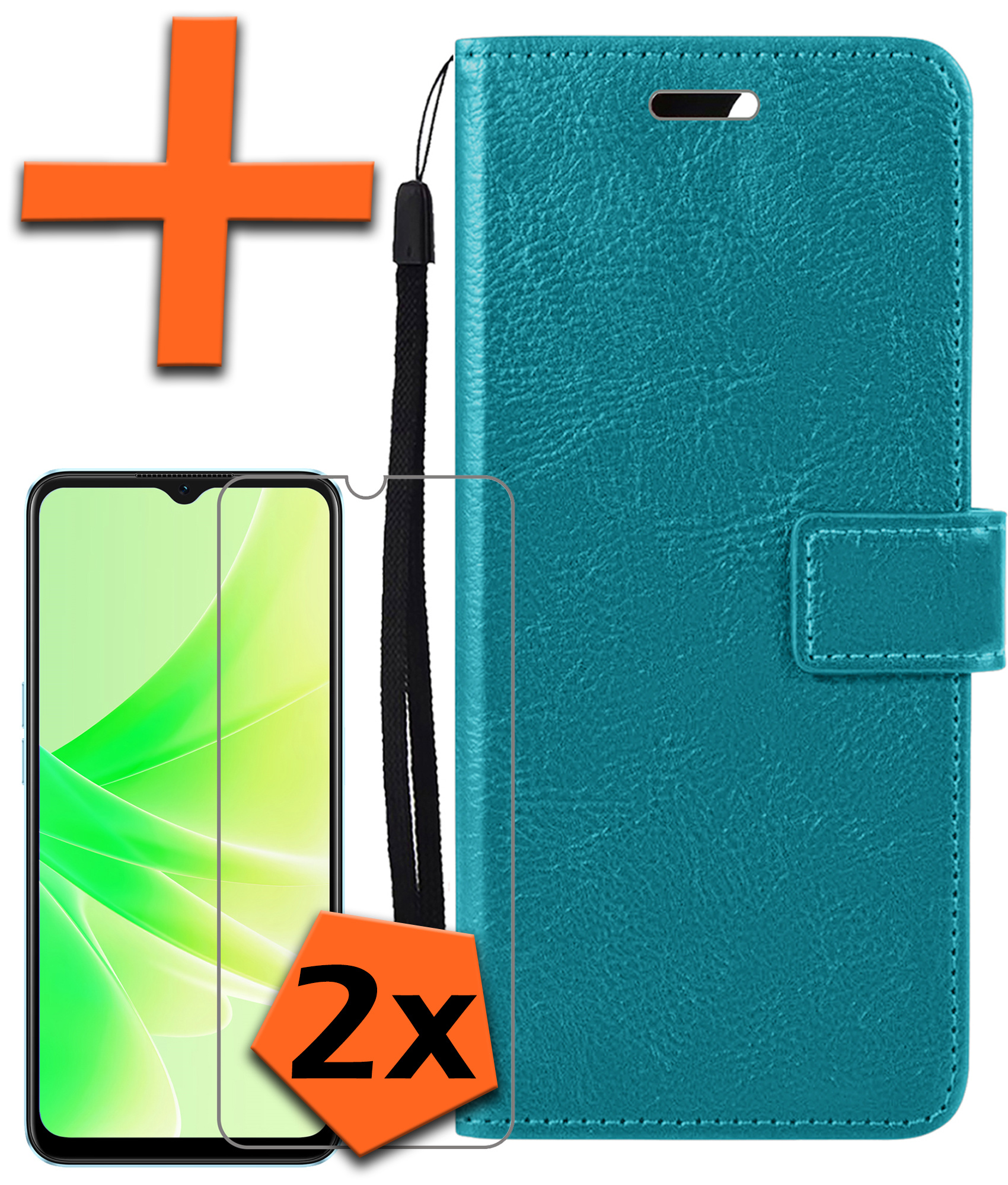 Nomfy Hoesje Geschikt voor OPPO A57s Hoes Bookcase Flipcase Book Cover Met 2x Screenprotector - Hoes Geschikt voor OPPO A57s Hoesje Book Case - Turquoise