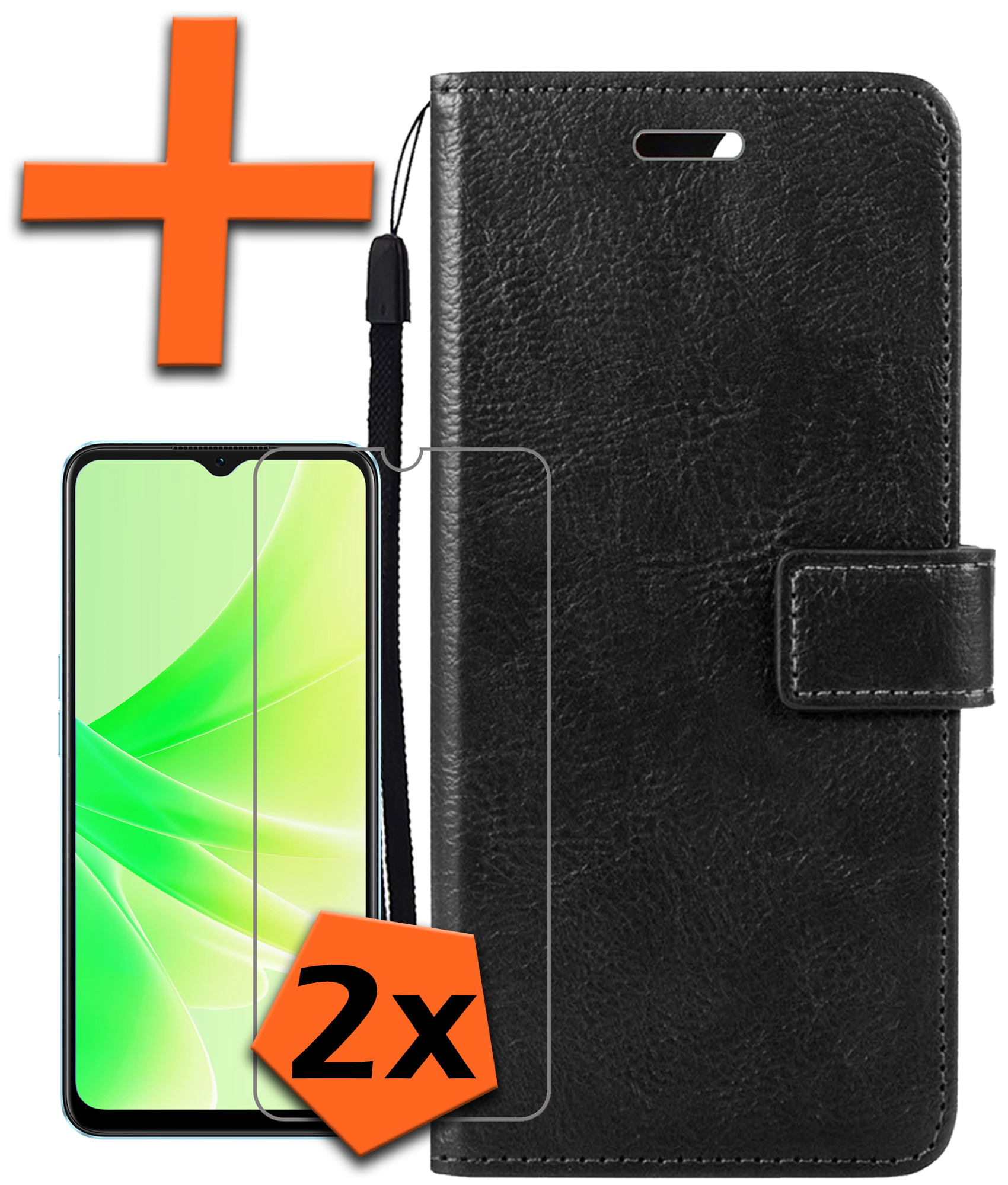 Nomfy Hoesje Geschikt voor OPPO A57s Hoes Bookcase Flipcase Book Cover Met 2x Screenprotector - Hoes Geschikt voor OPPO A57s Hoesje Book Case - Zwart