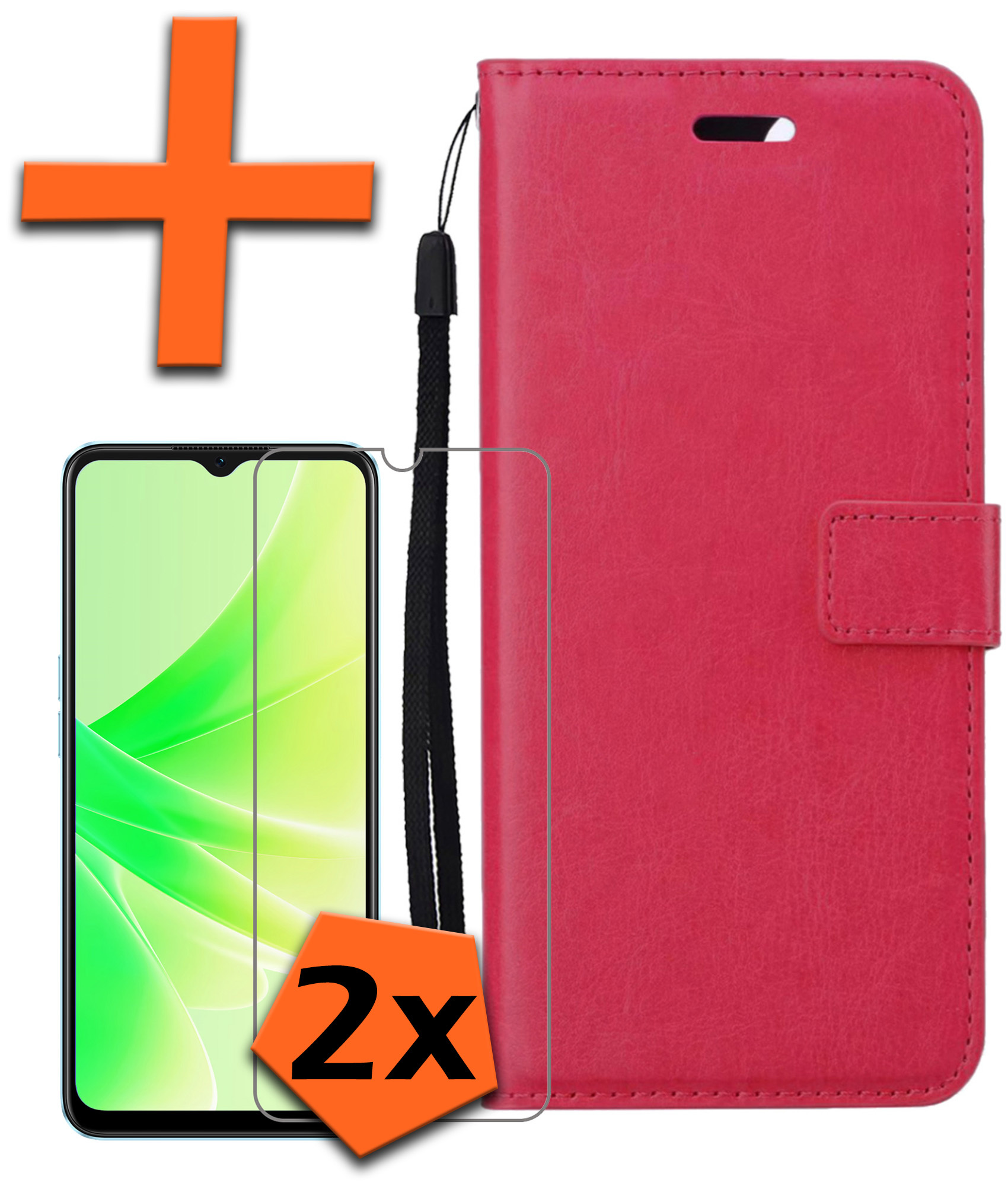 Nomfy Hoesje Geschikt voor OPPO A17 Hoes Bookcase Flipcase Book Cover Met 2x Screenprotector - Hoes Geschikt voor OPPO A17 Hoesje Book Case - Donkerroze