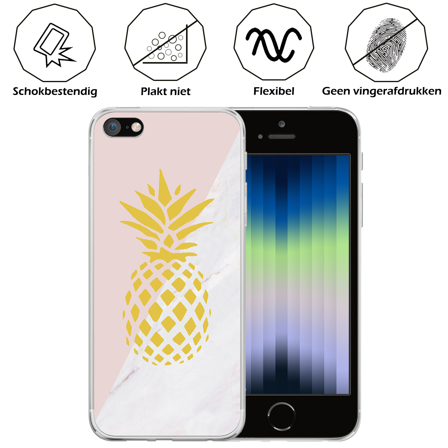 Nomfy Hoesje Geschikt voor iPhone SE 2022 Hoesje Siliconen Cover Case - Hoes Geschikt voor iPhone SE (2022) Hoes Back Case - 2-PACK - Ananas
