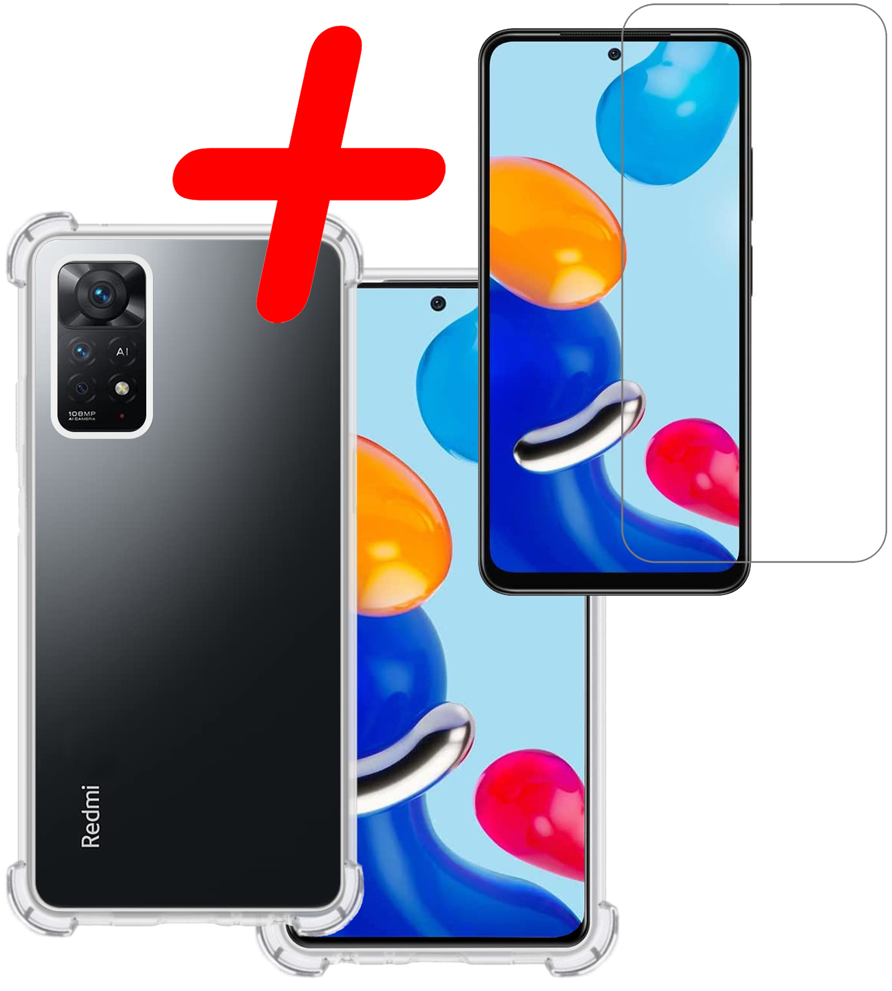 BASEY. Hoes Geschikt voor Xiaomi Redmi Note 11 Hoesje Shock Proof Case Hoes Siliconen Met Screenprotector - Hoesje Geschikt voor Xiaomi Redmi Note 11 Hoes Cover Shockproof - Transparant