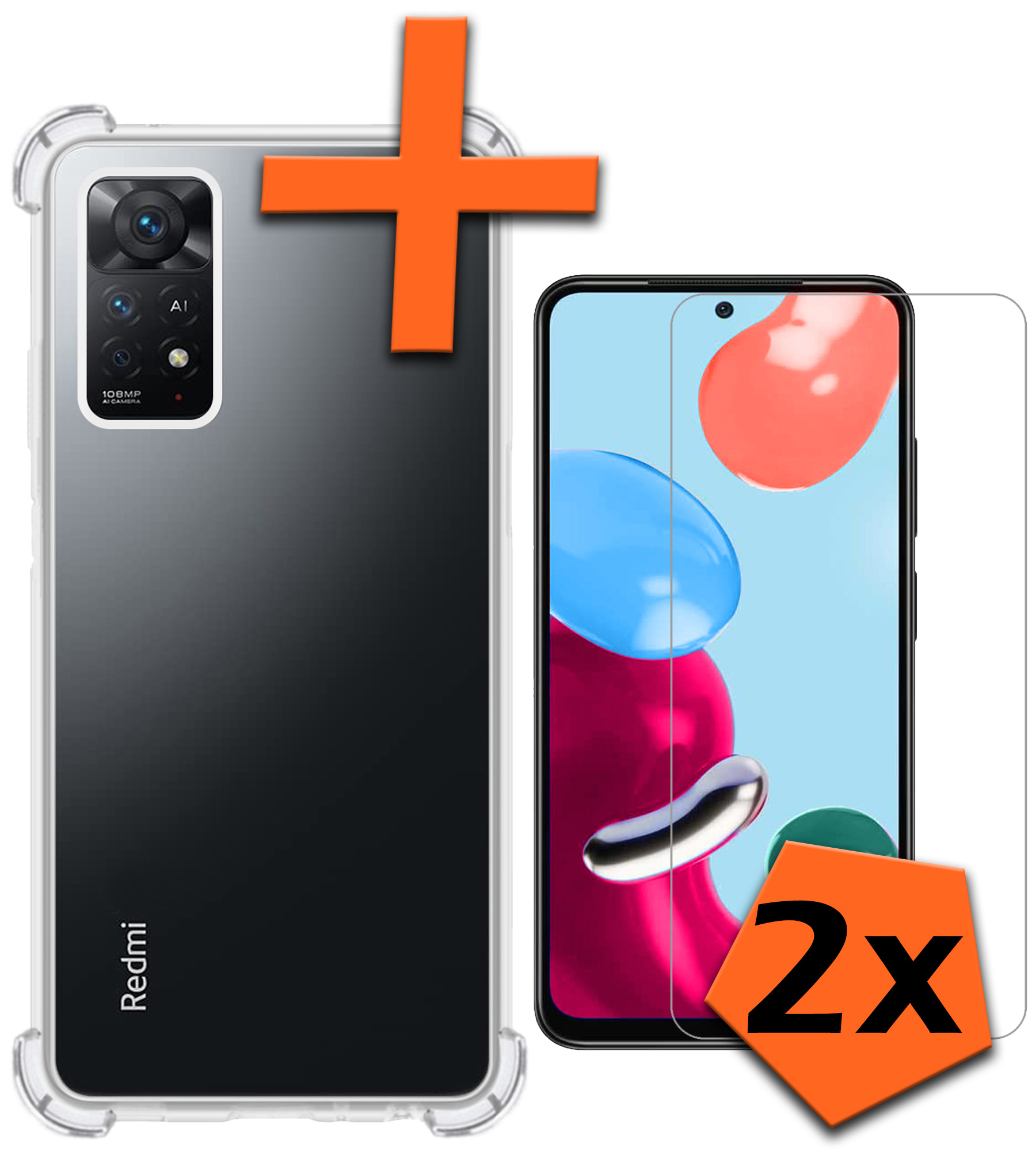 Nomfy Hoesje Geschikt voor Xiaomi Redmi Note 11 Hoesje Shock Proof Cover Case Shockproof Met 2x Screenprotector - Hoes Geschikt voor Xiaomi Redmi Note 11 Hoes Siliconen Back Case - Transparant