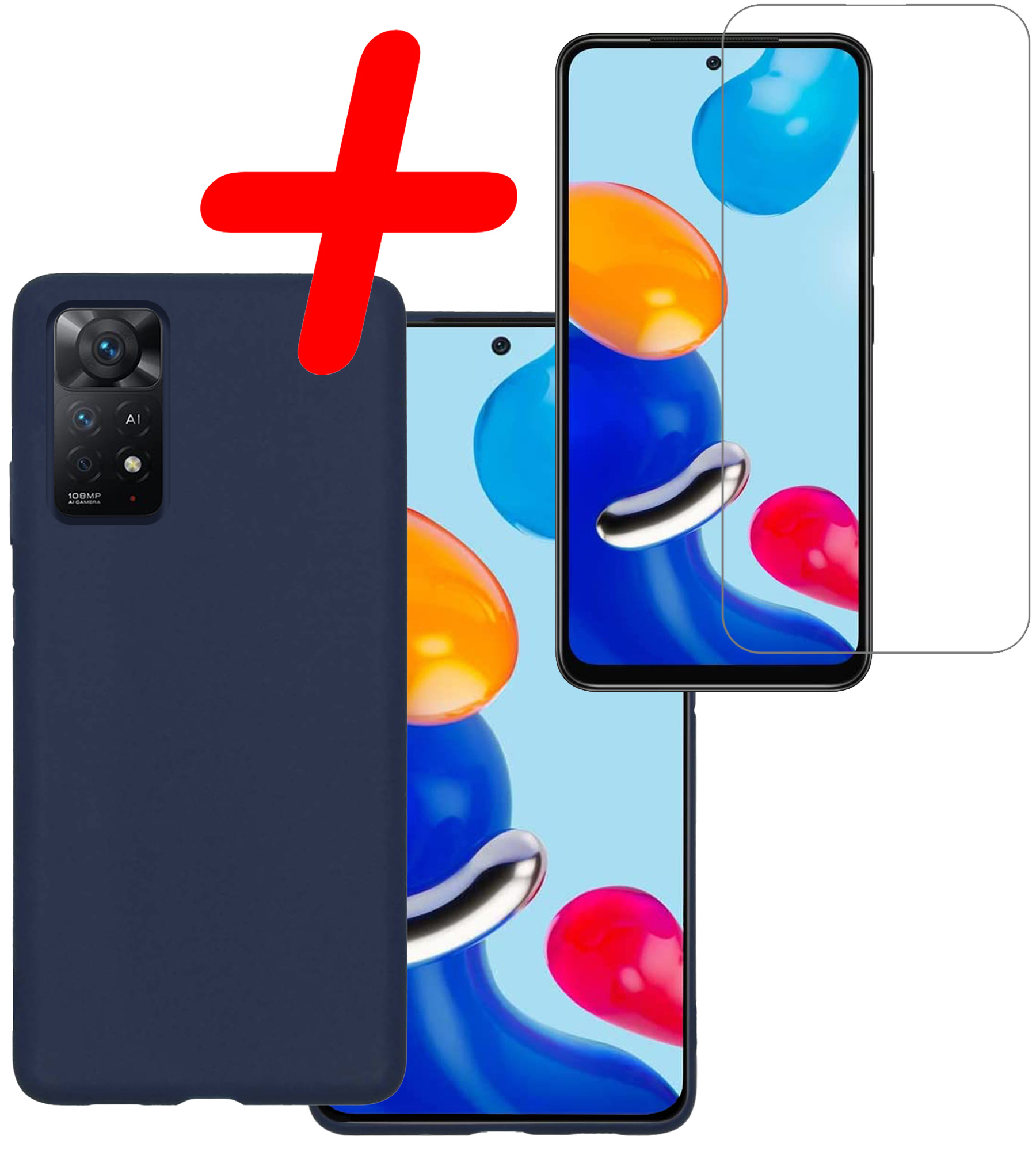 BASEY. Hoes Geschikt voor Xiaomi Redmi Note 11 Hoesje Siliconen Back Cover Case Met Screenprotector - Hoesje Geschikt voor Xiaomi Redmi Note 11 Hoes Cover Hoesje - Donkerblauw