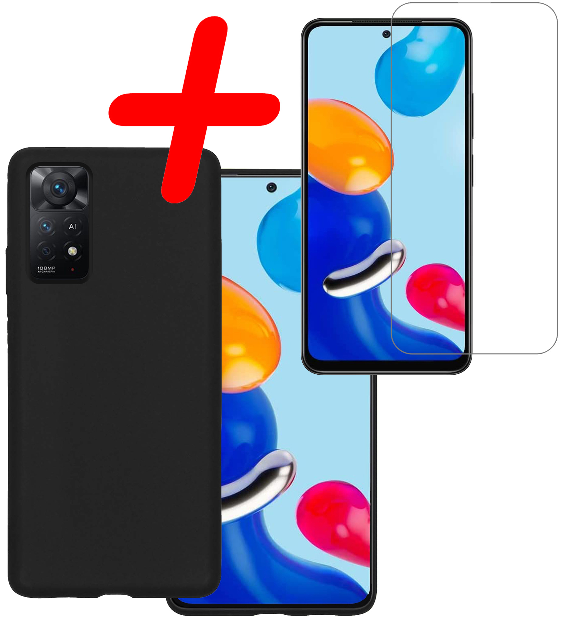 BASEY. Hoes Geschikt voor Xiaomi Redmi Note 11 Hoesje Siliconen Back Cover Case Met Screenprotector - Hoesje Geschikt voor Xiaomi Redmi Note 11 Hoes Cover Hoesje - Zwart