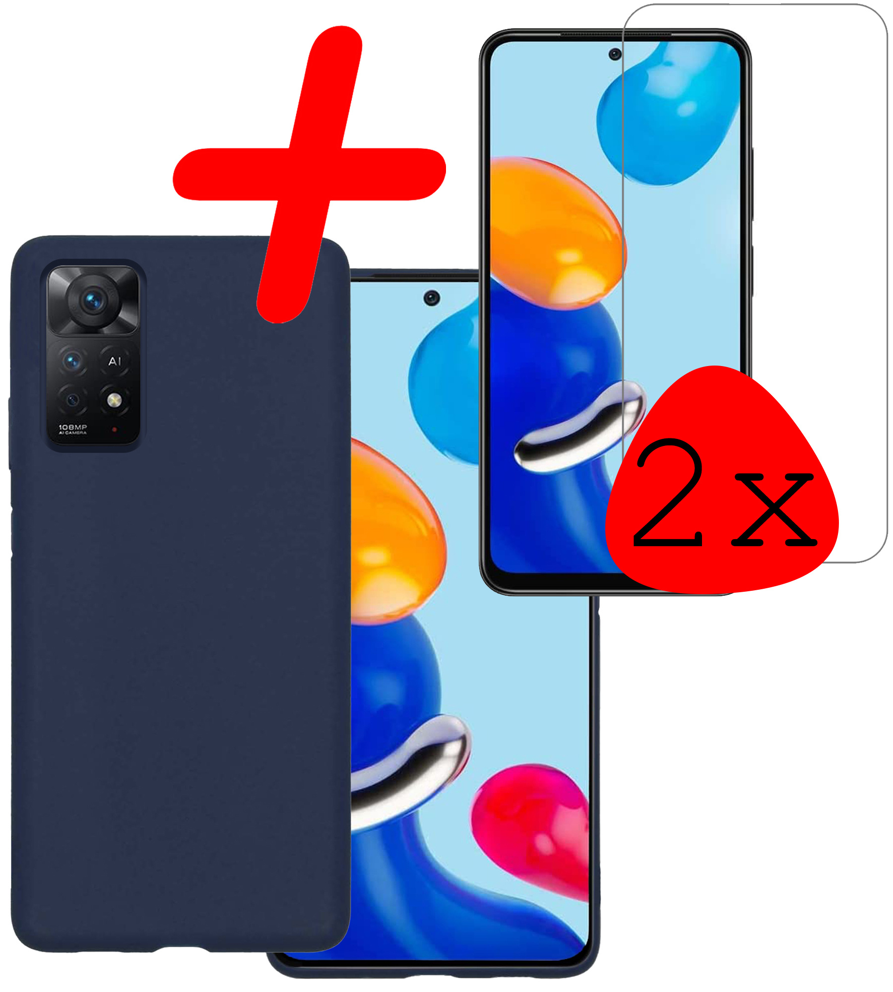 BASEY. Hoes Geschikt voor Xiaomi Redmi Note 11 Hoesje Siliconen Back Cover Case Met 2x Screenprotector - Hoesje Geschikt voor Xiaomi Redmi Note 11 Hoes Cover Hoesje - Donkerblauw
