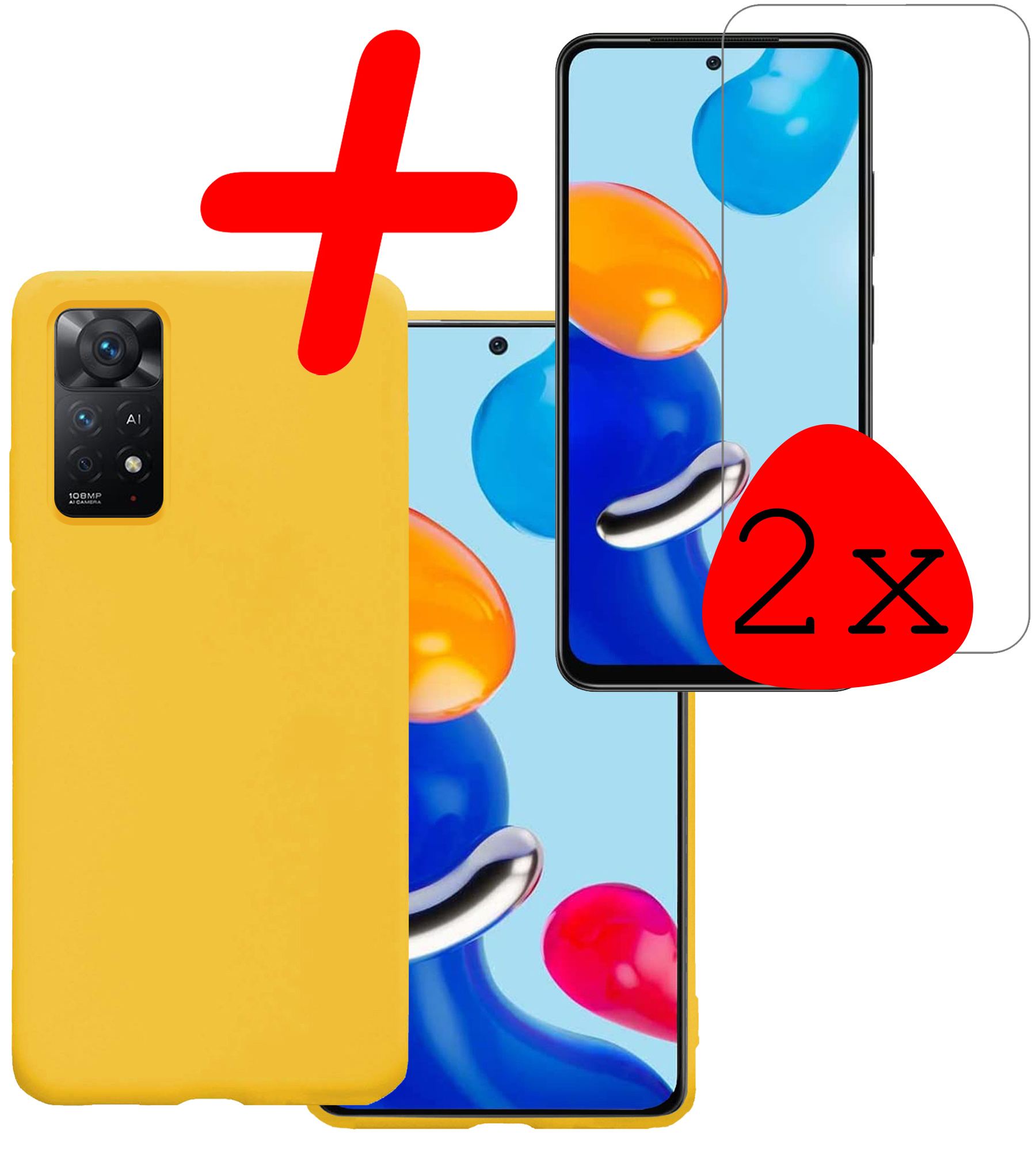 BASEY. Hoes Geschikt voor Xiaomi Redmi Note 11 Hoesje Siliconen Back Cover Case Met 2x Screenprotector - Hoesje Geschikt voor Xiaomi Redmi Note 11 Hoes Cover Hoesje - Geel