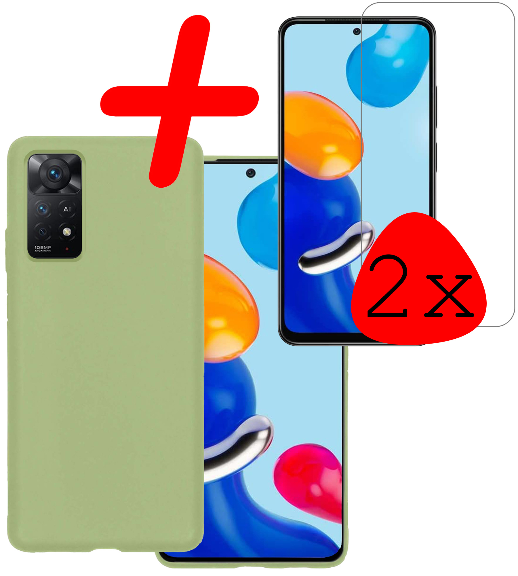 BASEY. Hoes Geschikt voor Xiaomi Redmi Note 11 Hoesje Siliconen Back Cover Case Met 2x Screenprotector - Hoesje Geschikt voor Xiaomi Redmi Note 11 Hoes Cover Hoesje - Groen