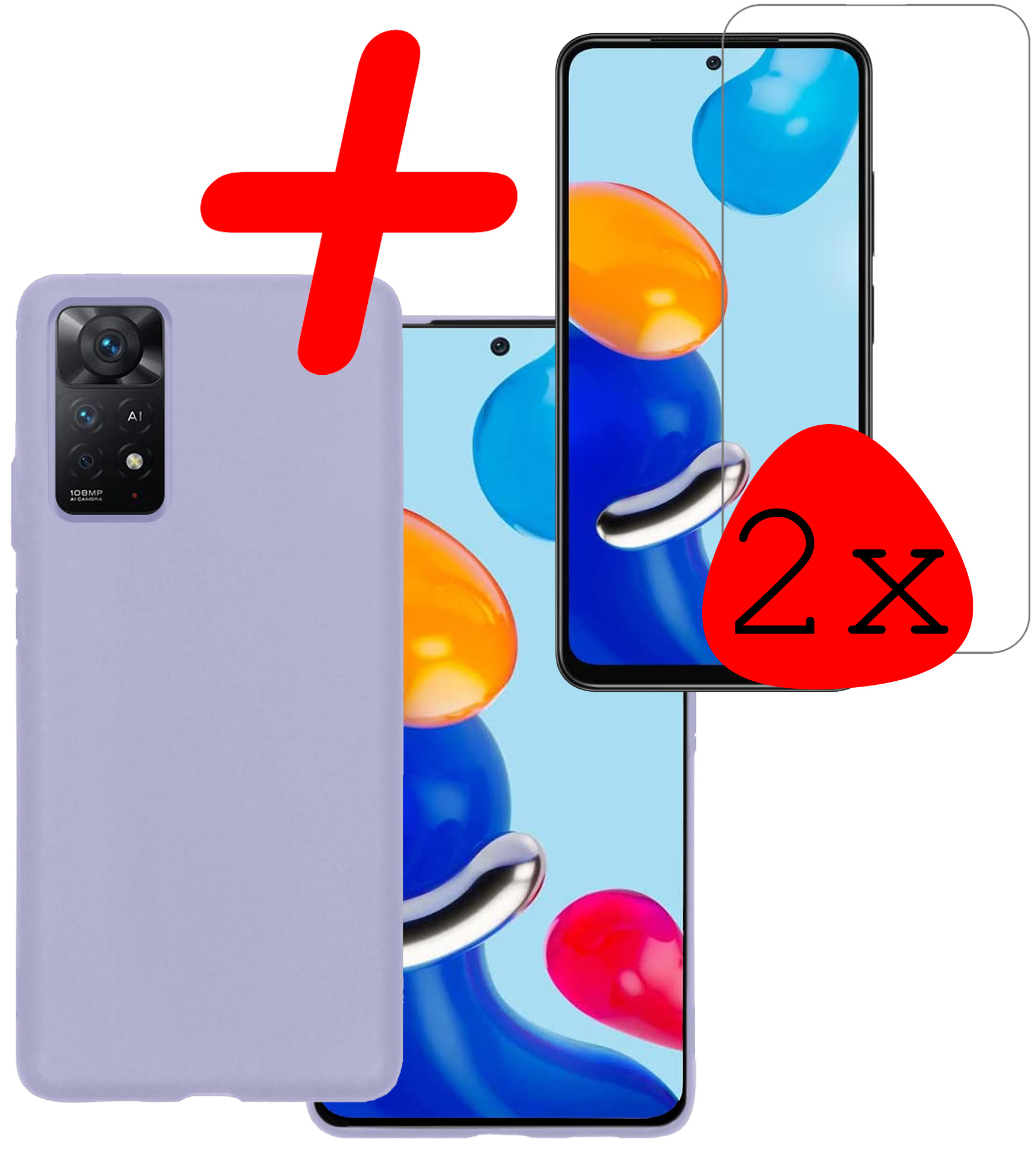 BASEY. Hoes Geschikt voor Xiaomi Redmi Note 11 Hoesje Siliconen Back Cover Case Met 2x Screenprotector - Hoesje Geschikt voor Xiaomi Redmi Note 11 Hoes Cover Hoesje - Lila