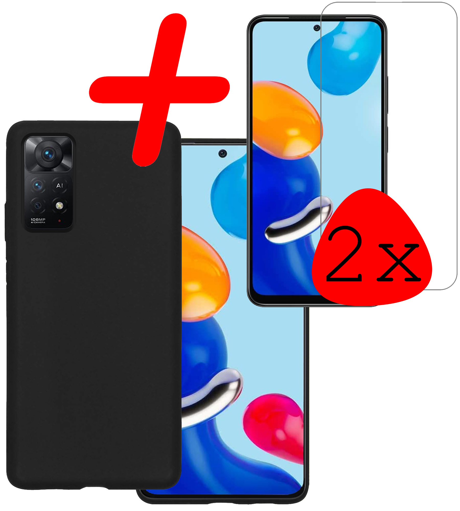 BASEY. Hoes Geschikt voor Xiaomi Redmi Note 11 Hoesje Siliconen Back Cover Case Met 2x Screenprotector - Hoesje Geschikt voor Xiaomi Redmi Note 11 Hoes Cover Hoesje - Zwart