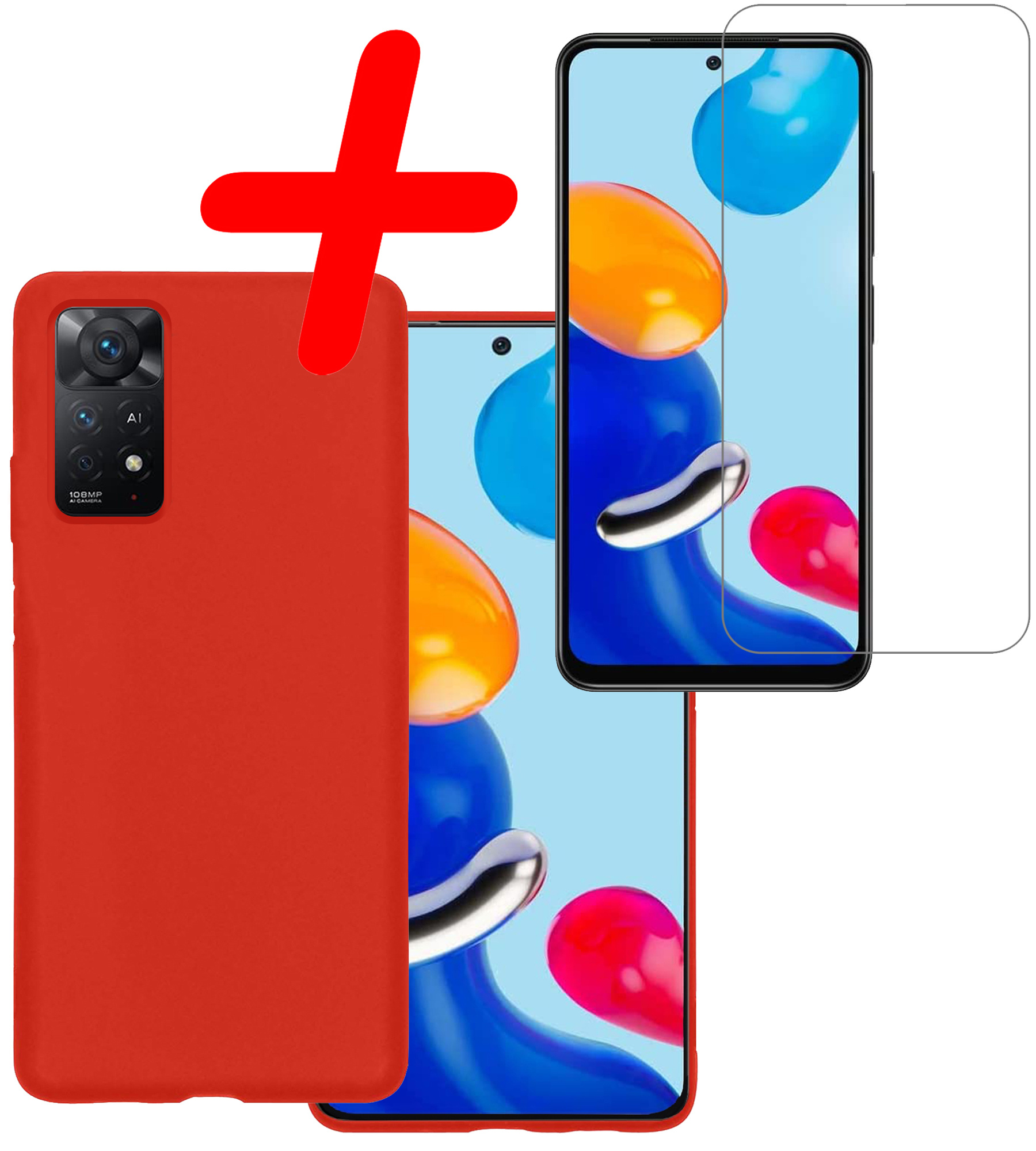 BASEY. Hoes Geschikt voor Xiaomi Redmi Note 11 Hoesje Siliconen Back Cover Case Met Screenprotector - Hoesje Geschikt voor Xiaomi Redmi Note 11 Hoes Cover Hoesje - Rood