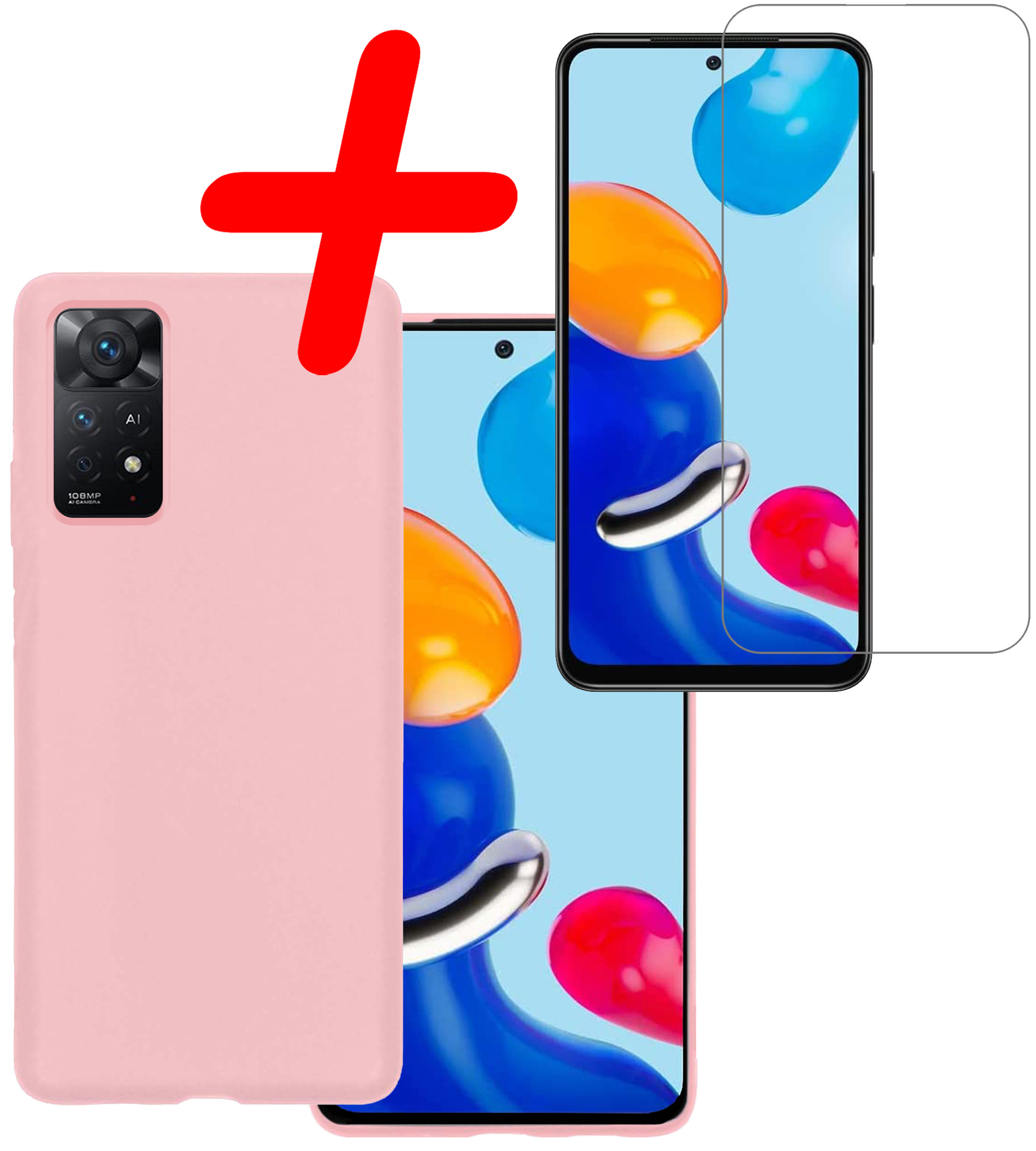 BASEY. Hoes Geschikt voor Xiaomi Redmi Note 11 Hoesje Siliconen Back Cover Case Met Screenprotector - Hoesje Geschikt voor Xiaomi Redmi Note 11 Hoes Cover Hoesje - Lichtroze