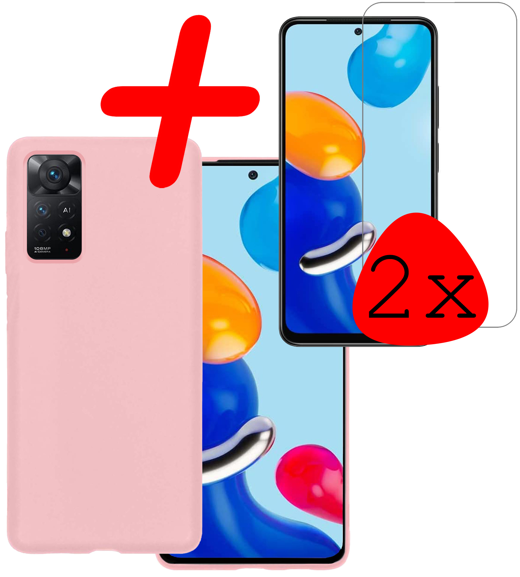 BASEY. Hoes Geschikt voor Xiaomi Redmi Note 11 Hoesje Siliconen Back Cover Case Met 2x Screenprotector - Hoesje Geschikt voor Xiaomi Redmi Note 11 Hoes Cover Hoesje - Lichtroze