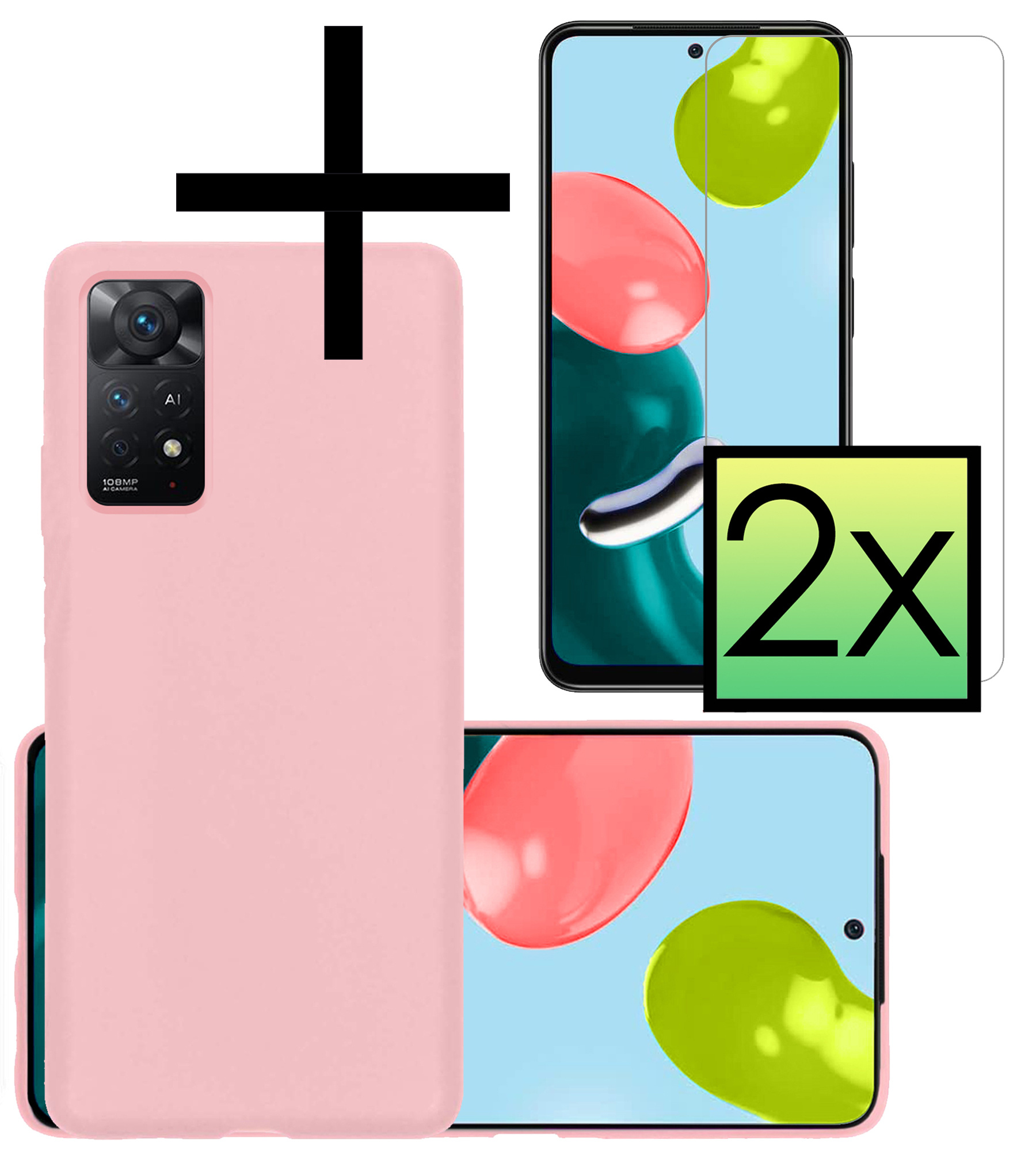 NoXx Xiaomi Redmi Note 11 Hoesje Back Cover Siliconen Case Hoes Met 2x Screenprotector - Licht Roze