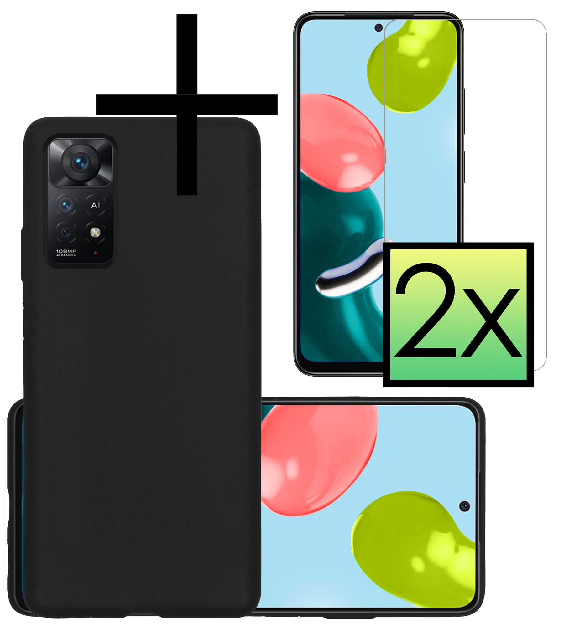 NoXx Hoes Geschikt voor Xiaomi Redmi Note 11 Hoesje Cover Siliconen Back Case Hoes Met 2x Screenprotector - Zwart