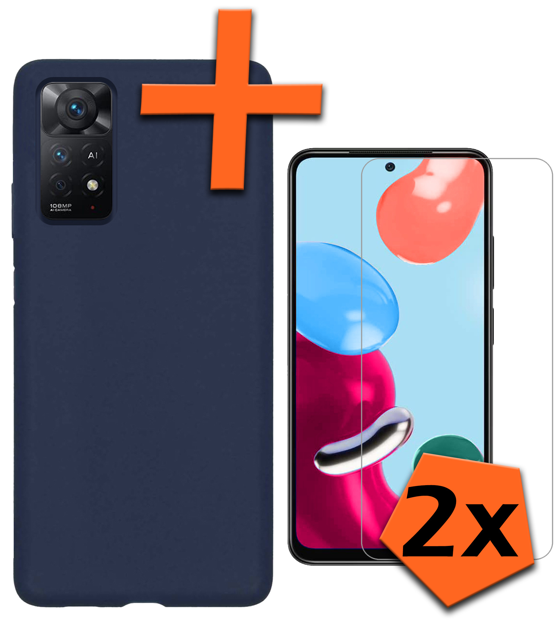 Nomfy Hoesje Geschikt voor Xiaomi Redmi Note 11 Hoesje Siliconen Cover Case Met 2x Screenprotector - Hoes Geschikt voor Xiaomi Redmi Note 11 Hoes Back Case - Donkerblauw