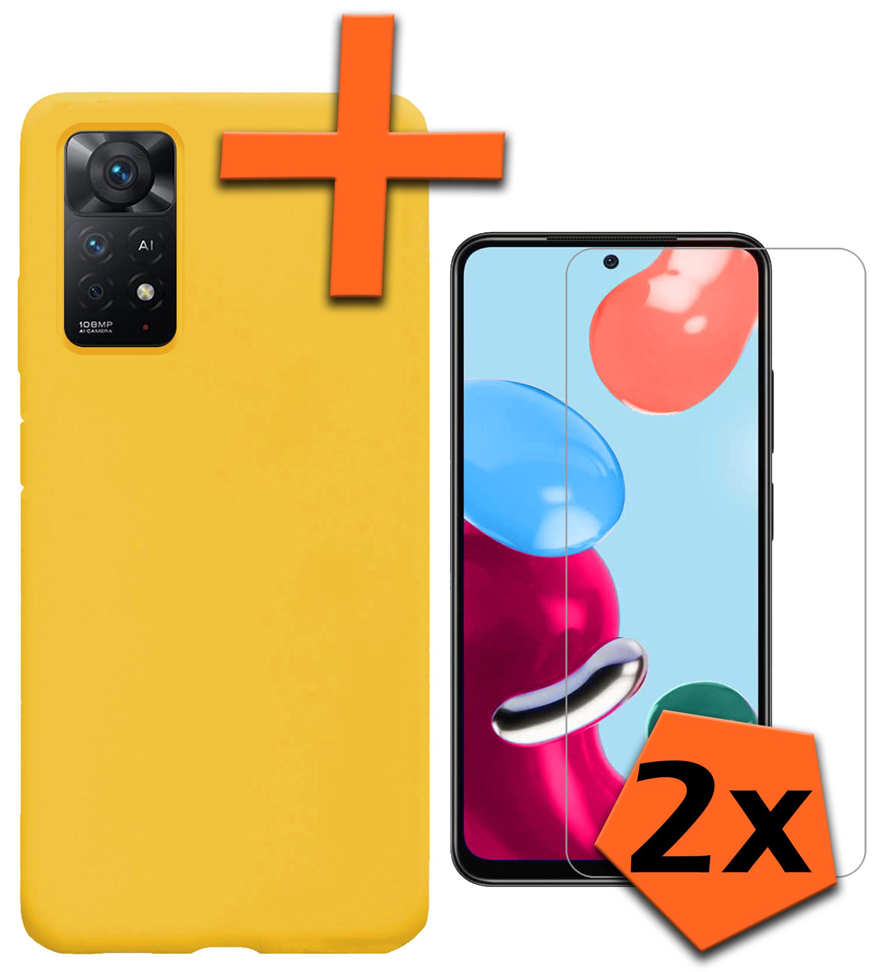 Nomfy Hoesje Geschikt voor Xiaomi Redmi Note 11 Hoesje Siliconen Cover Case Met 2x Screenprotector - Hoes Geschikt voor Xiaomi Redmi Note 11 Hoes Back Case - Geel