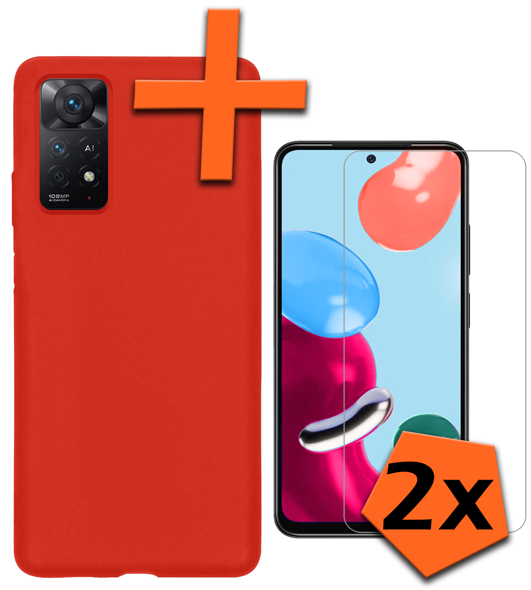 Nomfy Hoesje Geschikt voor Xiaomi Redmi Note 11 Hoesje Siliconen Cover Case Met 2x Screenprotector - Hoes Geschikt voor Xiaomi Redmi Note 11 Hoes Back Case - Rood
