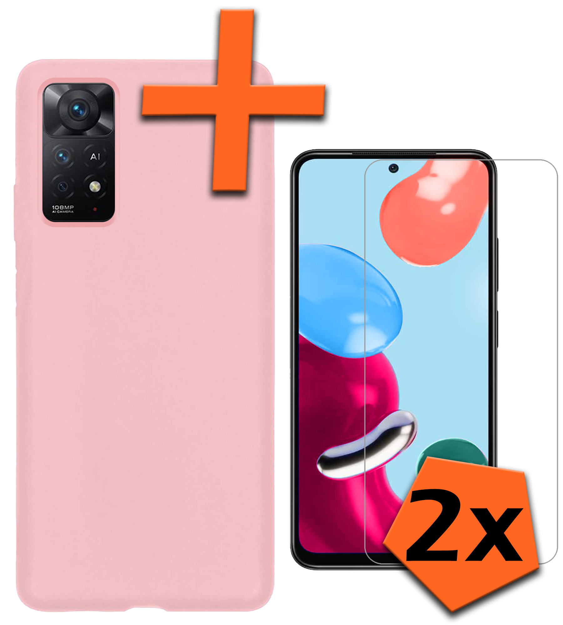 Nomfy Hoesje Geschikt voor Xiaomi Redmi Note 11 Hoesje Siliconen Cover Case Met 2x Screenprotector - Hoes Geschikt voor Xiaomi Redmi Note 11 Hoes Back Case - Lichtroze