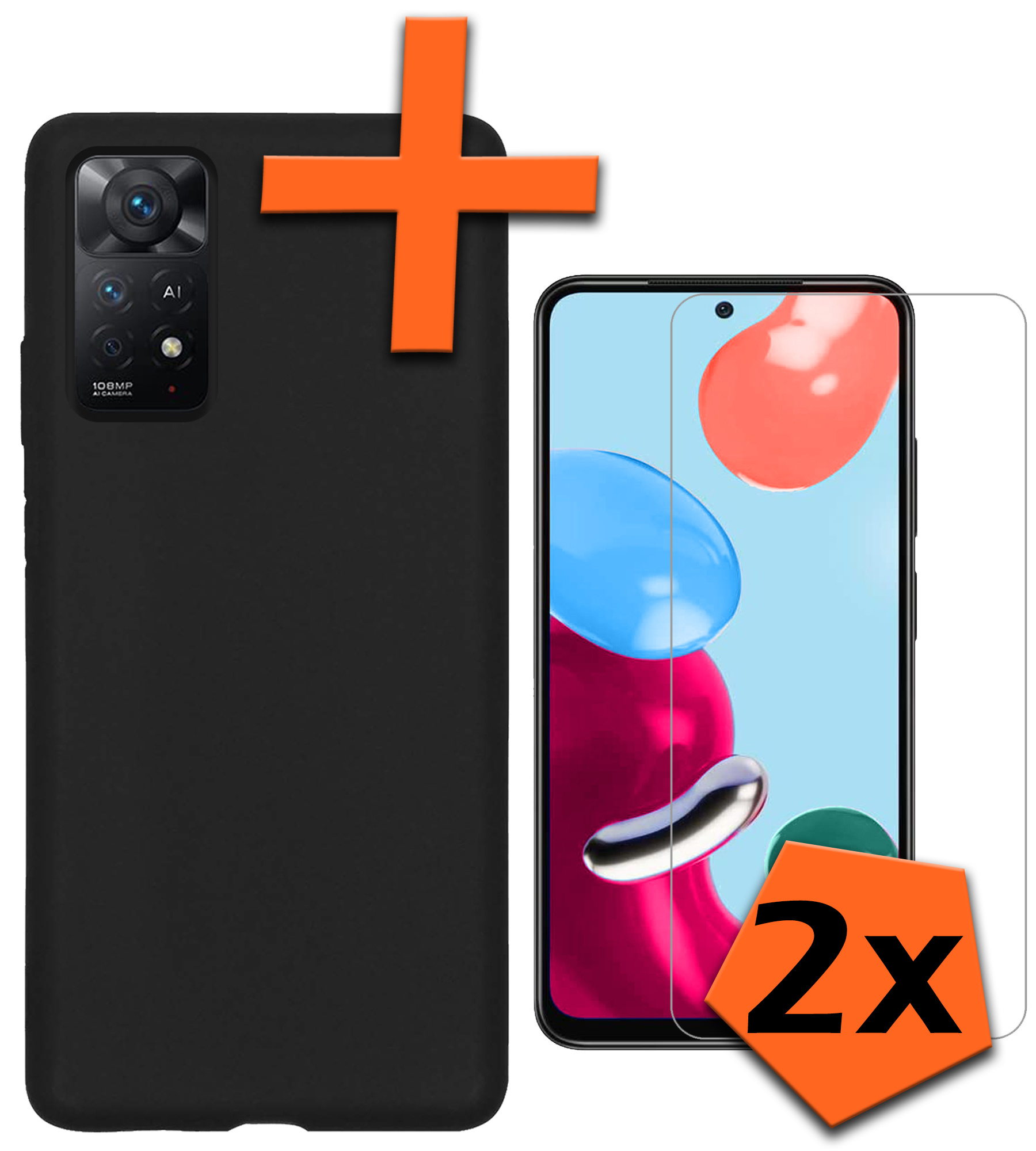 Nomfy Hoesje Geschikt voor Xiaomi Redmi Note 11 Hoesje Siliconen Cover Case Met 2x Screenprotector - Hoes Geschikt voor Xiaomi Redmi Note 11 Hoes Back Case - Zwart