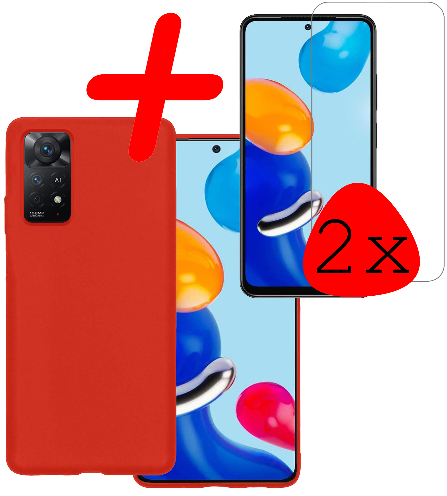 BASEY. Hoes Geschikt voor Xiaomi Redmi Note 11 Hoesje Siliconen Back Cover Case Met 2x Screenprotector - Hoesje Geschikt voor Xiaomi Redmi Note 11 Hoes Cover Hoesje - Rood