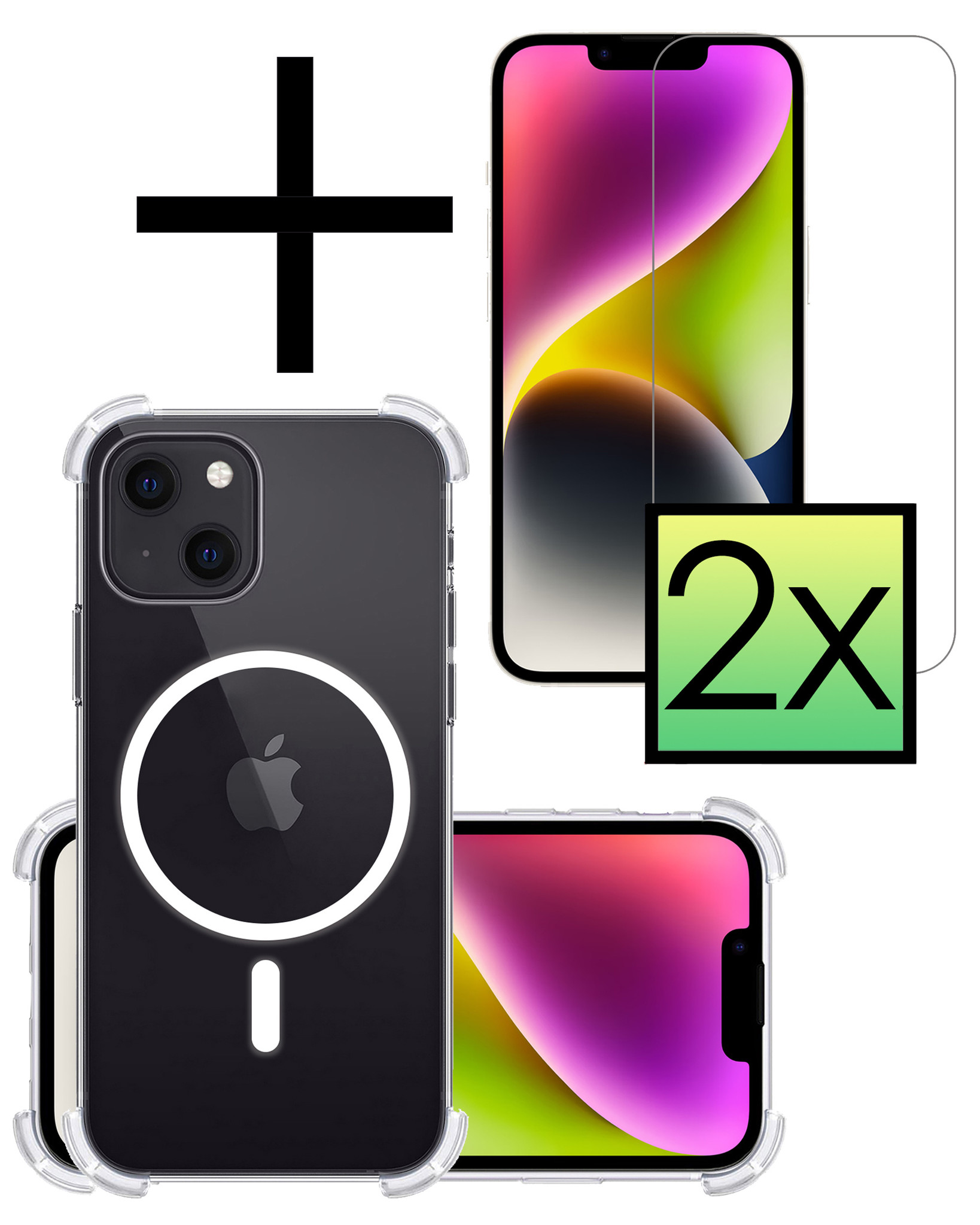 NoXx Hoes Geschikt voor iPhone 14 Plus Hoesje Geschikt voor Magsafe Hoesje Cover Shock Proof Case Met 2x Screenprotector - Transparant