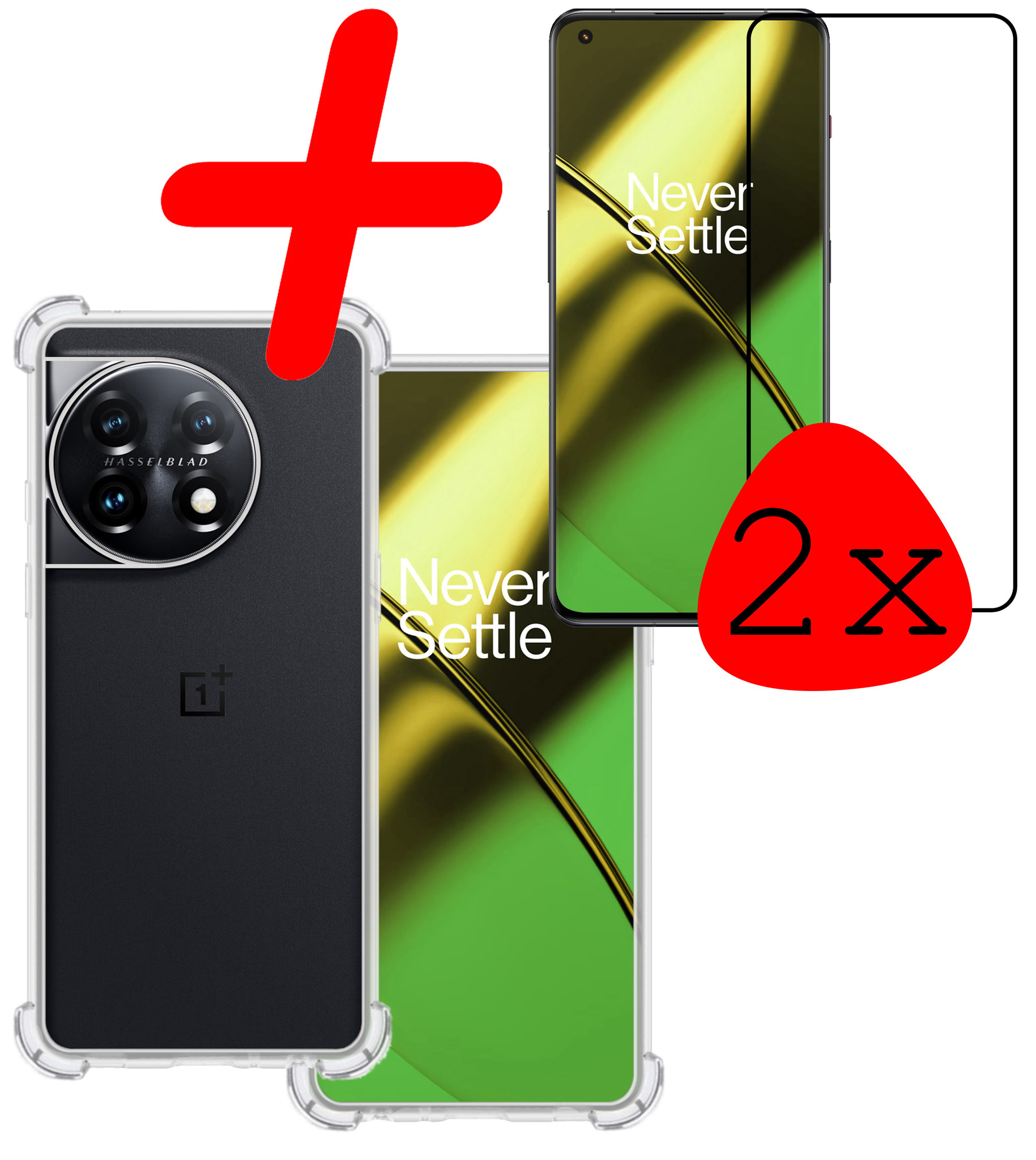BASEY. Hoes Geschikt voor OnePlus 11 Hoesje Shock Proof Case Hoes Siliconen Met 2x Screenprotector - Hoesje Geschikt voor OnePlus 11 Hoes Cover Shockproof - Transparant