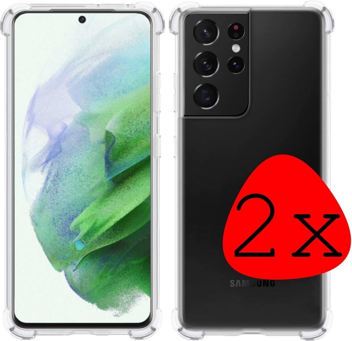 BASEY. Hoes Geschikt voor Samsung S21 Ultra Hoesje Shock Proof Case Hoes Siliconen - Hoesje Geschikt voor Samsung Galaxy S21 Ultra Hoes Cover Shockproof - Transparant - 2 Stuks