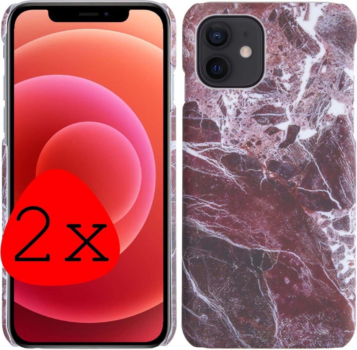 BASEY. Hoes Geschikt voor iPhone 12 Hoesje Marmer Case Marmeren Cover Hoes Hardcover - Rood - 2 Stuks