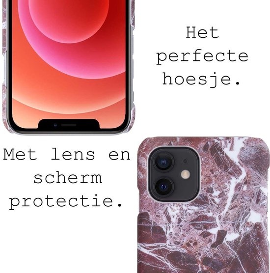 BASEY. Hoes Geschikt voor iPhone 12 Hoesje Marmer Case Marmeren Cover Hoes Hardcover - Rood - 2 Stuks