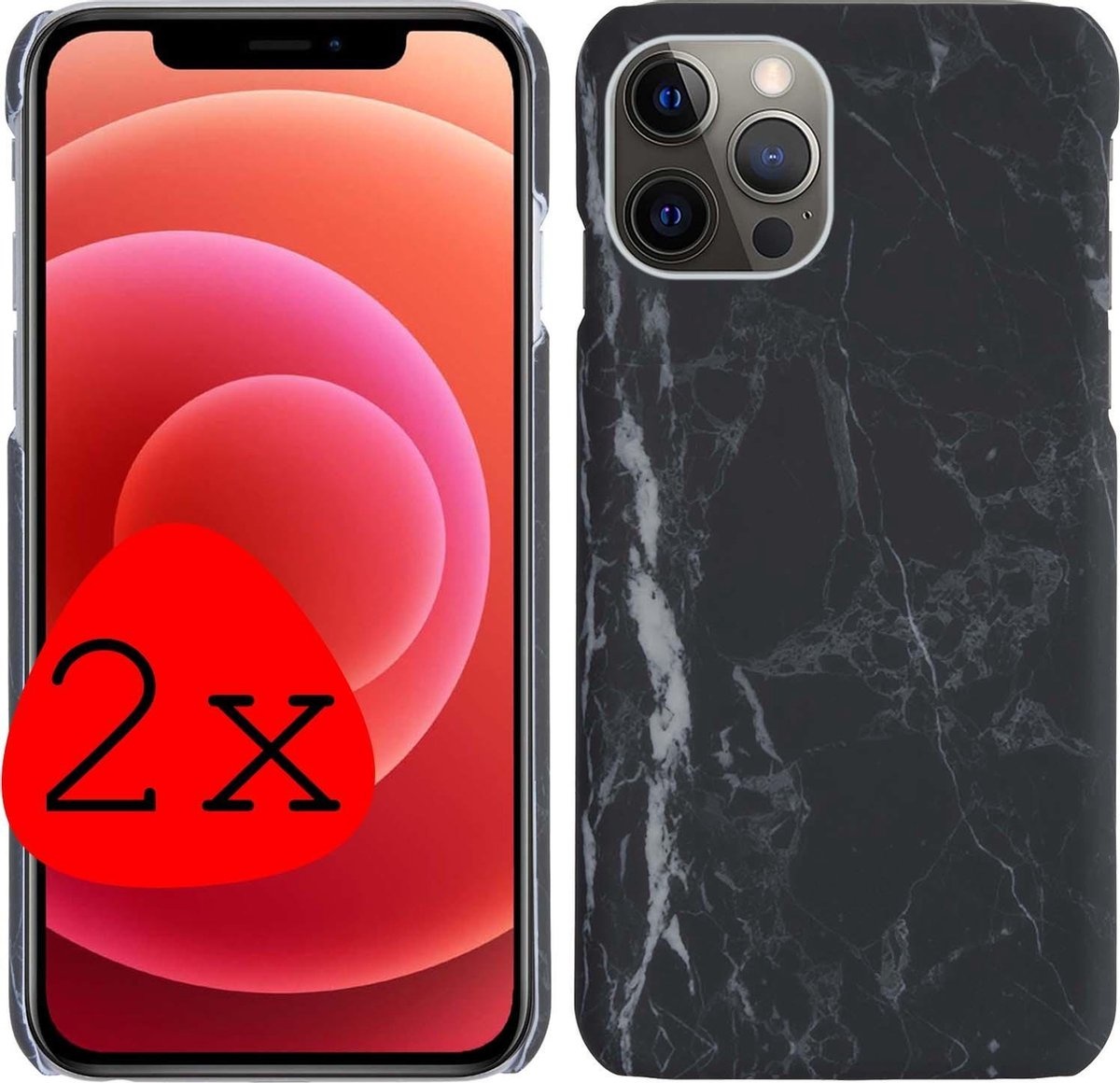 BASEY. Hoes Geschikt voor iPhone 12 Pro Hoesje Marmer Case Marmeren Cover Hoes Hardcover - Zwart - 2 Stuks