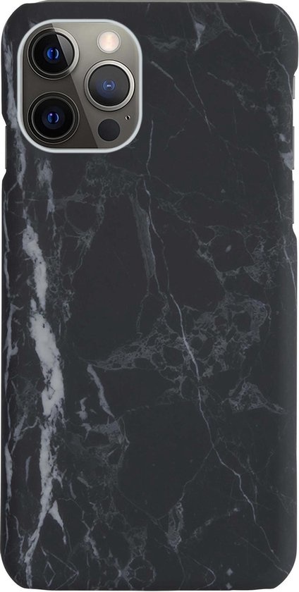BASEY. Hoes Geschikt voor iPhone 12 Pro Hoesje Marmer Case Marmeren Cover Hoes Hardcover - Zwart - 2 Stuks