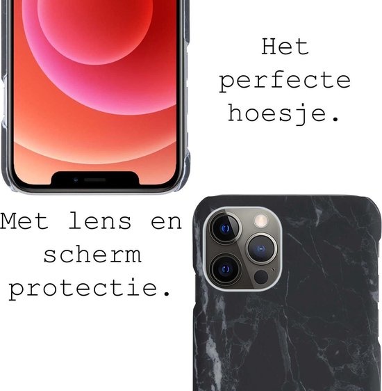 BASEY. Hoes Geschikt voor iPhone 12 Pro Hoesje Marmer Case Marmeren Cover Hoes Hardcover - Zwart - 2 Stuks