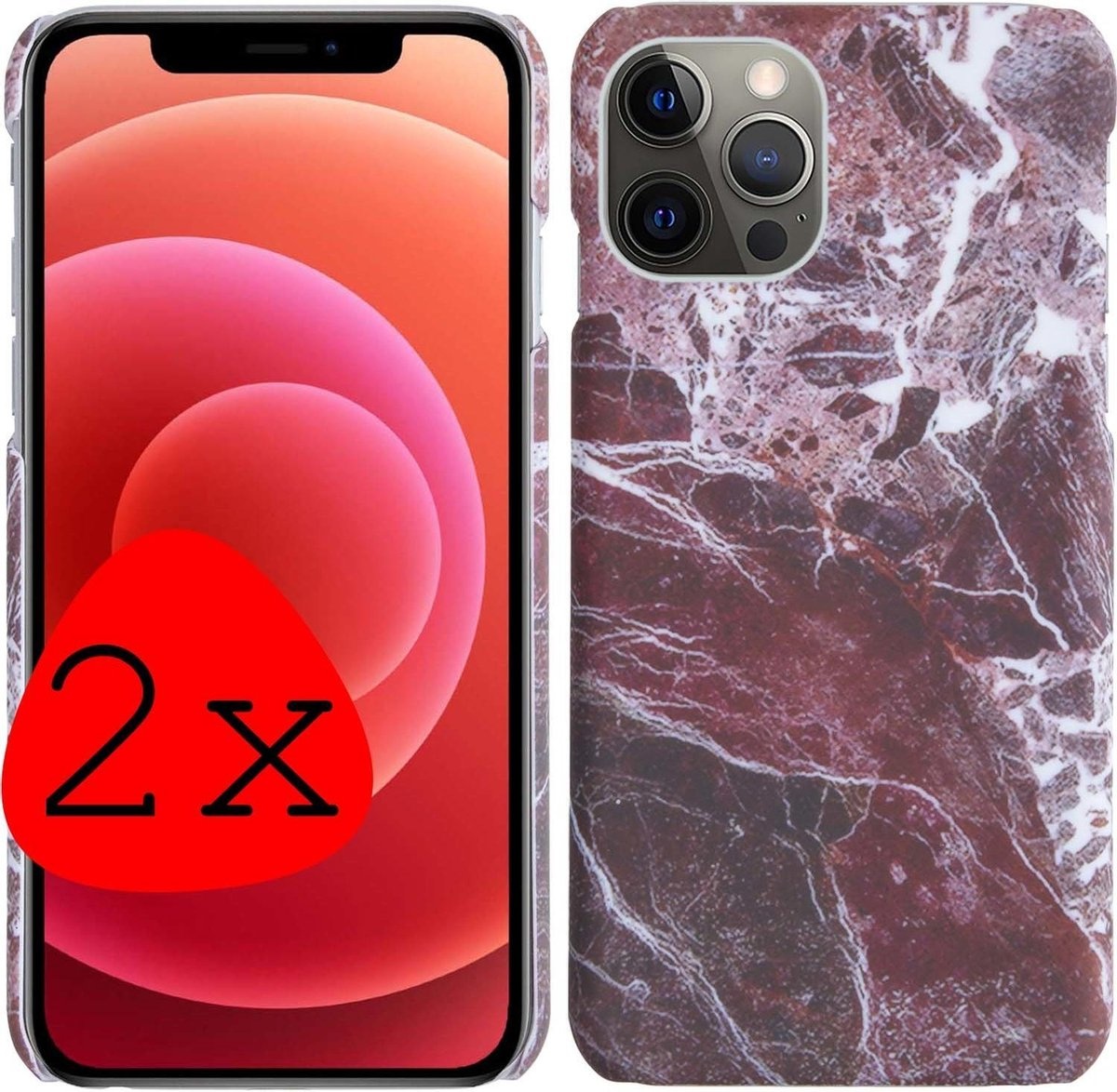 BASEY. Hoes Geschikt voor iPhone 12 Pro Hoesje Marmer Case Marmeren Cover Hoes Hardcover - Rood - 2 Stuks