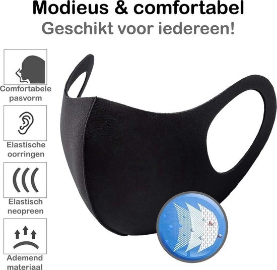 BASEY. Wasbaar Mondkapje Zwart Wasbaar Mondmasker Elastisch Mondkapjes - 5 stuks
