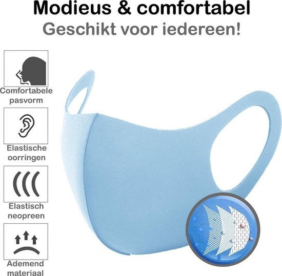 BASEY. Wasbaar Mondkapje Blauw Wasbaar Mondmasker Elastisch Mondkapjes - 3 stuks