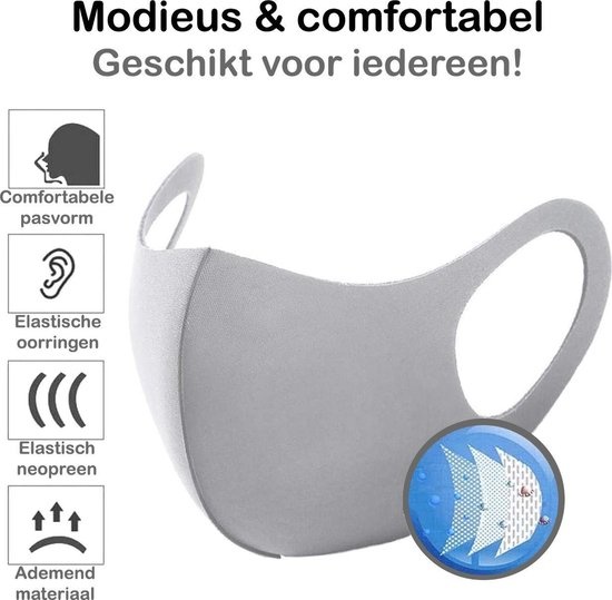 BASEY. Wasbaar Mondkapje Grijs Wasbaar Mondmasker Elastisch Mondkapjes - 5 stuks