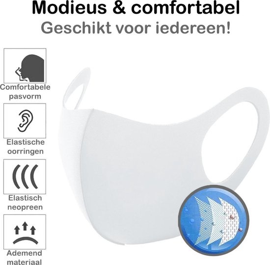 BASEY. Wasbaar Mondkapje Wit Wasbaar Mondmasker Elastisch Mondkapjes - 10 stuks