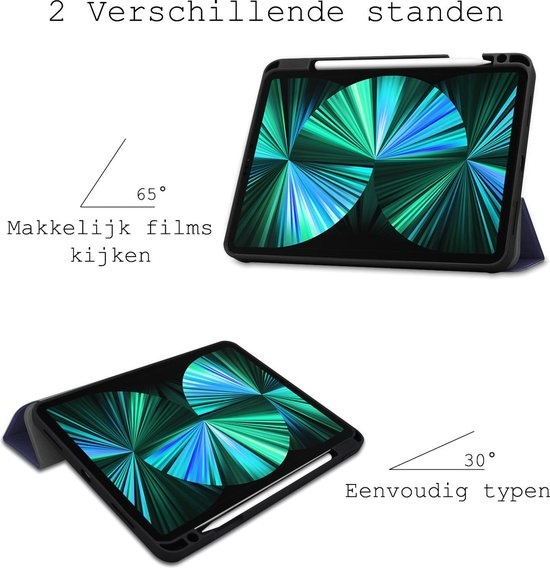 BASEY. Hoesje Geschikt voor iPad Pro 2021 (12,9 inch) Hoes Case Tablet Hoesje Tri-fold Met Uitsparing Geschikt voor Apple Pencil - Hoes Geschikt voor iPad Pro 12,9 inch (2021) Hoesje Hard Cover Bookcase Hoes - Donkerblauw