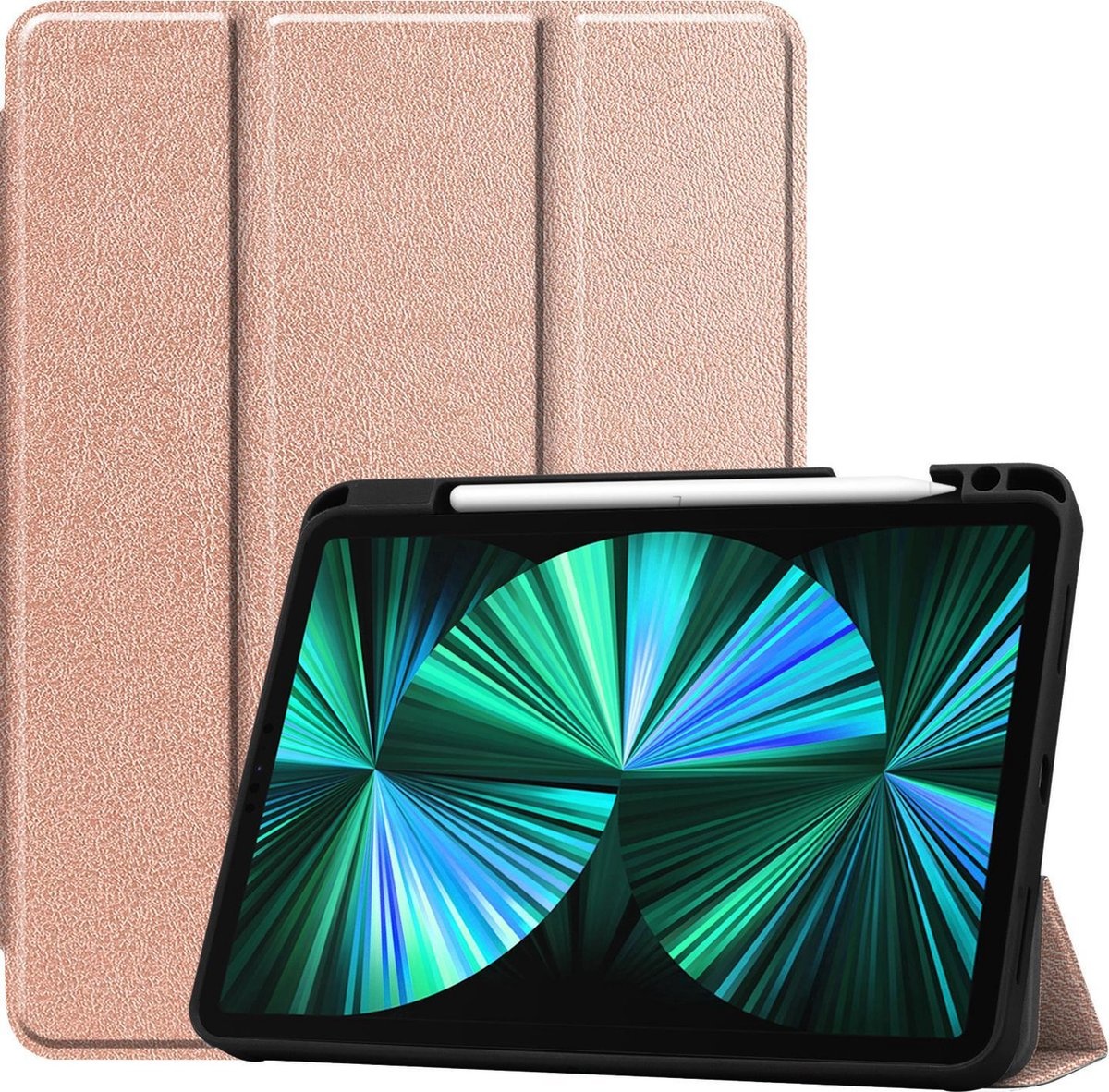 BASEY. Hoesje Geschikt voor iPad Pro 2021 (12,9 inch) Hoes Case Tablet Hoesje Tri-fold Met Uitsparing Geschikt voor Apple Pencil - Hoes Geschikt voor iPad Pro 12,9 inch (2021) Hoesje Hard Cover Bookcase Hoes - Rosé goud