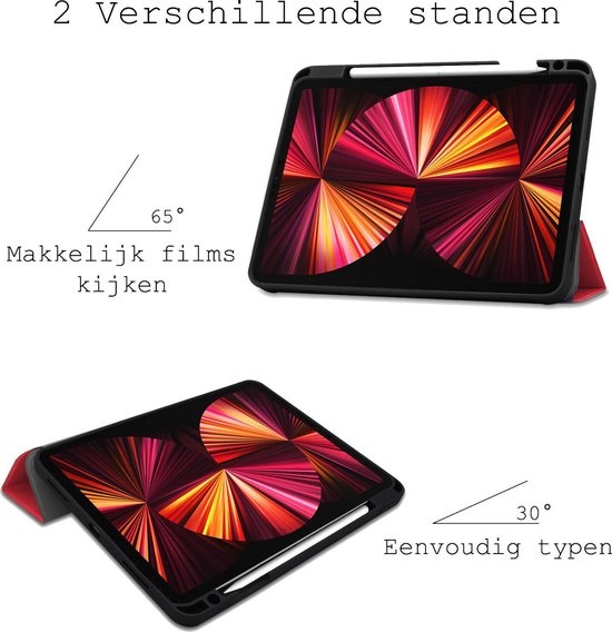 BASEY. Hoesje Geschikt voor iPad Pro 2021 (11 inch) Hoes Case Tablet Hoesje Tri-fold Met Uitsparing Geschikt voor Apple Pencil - Hoes Geschikt voor iPad Pro 11 inch (2021) Hoesje Hard Cover Bookcase Hoes - Rood