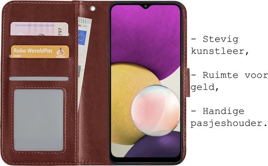 BASEY. Hoes Geschikt voor Samsung A22 5G Hoesje Bookcase Hoes Flip Case Book Cover - Hoesje Geschikt voor Samsung Galaxy A22 5G Hoes Book Case Hoesje - Bruin