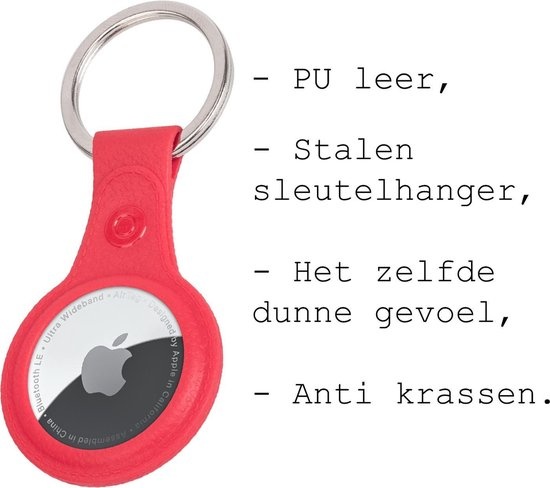 BASEY. Hoesje Geschikt voor Apple AirTag-Sleutelhanger Hoesje Leer - Sleutelhanger Hoes Hoesje Geschikt voor Apple AirTag Case - Rood - 2-Stuks