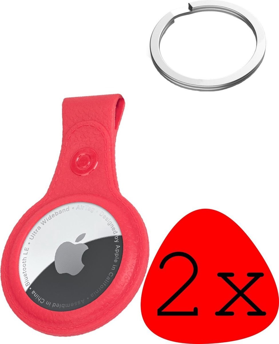 BASEY. Hoesje Geschikt voor Apple AirTag-Sleutelhanger Hoesje Leer - Sleutelhanger Hoes Hoesje Geschikt voor Apple AirTag Case - Rood - 2-Stuks