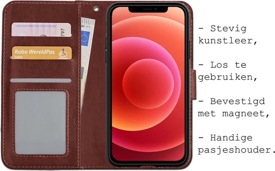 BASEY. Hoes Geschikt voor iPhone 12 Hoesje Bookcase Hoes 2-in-1 Cover - Hoesje Geschikt voor iPhone 12 Hoes 2-in-1 Hoesje Case - Bruin