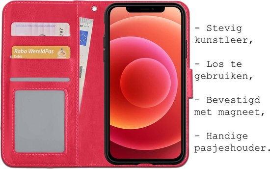 BASEY. Hoes Geschikt voor iPhone 12 Hoesje Bookcase Hoes 2-in-1 Cover - Hoesje Geschikt voor iPhone 12 Hoes 2-in-1 Hoesje Case - Donkerroze
