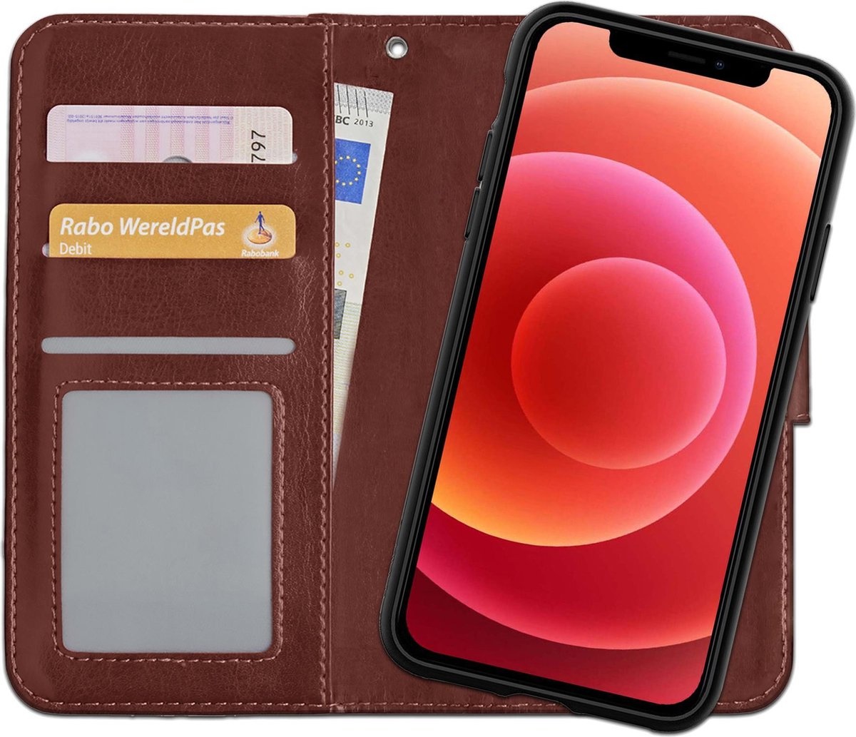 BASEY. Hoes Geschikt voor iPhone 12 Hoesje Bookcase Hoes 2-in-1 Cover - Hoesje Geschikt voor iPhone 12 Hoes 2-in-1 Hoesje Case - Bruin